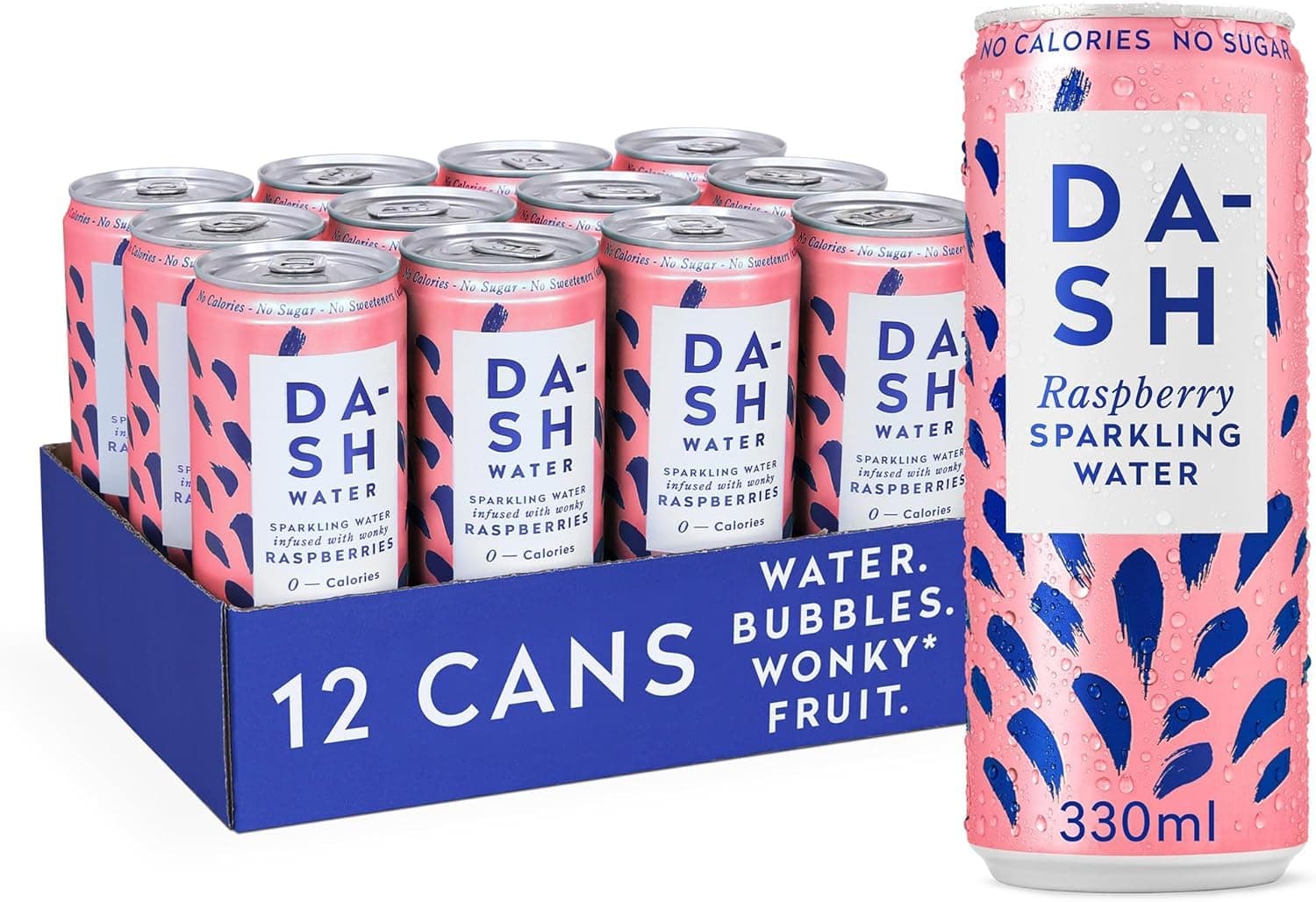 DASH Water Raspberry - 12 x Raspberry Flavoured Sparkling Spring Water - NO Sugar, NO Sweetener, NO Calories - Infused with Wonky Fruit (12 x 330ml cans)