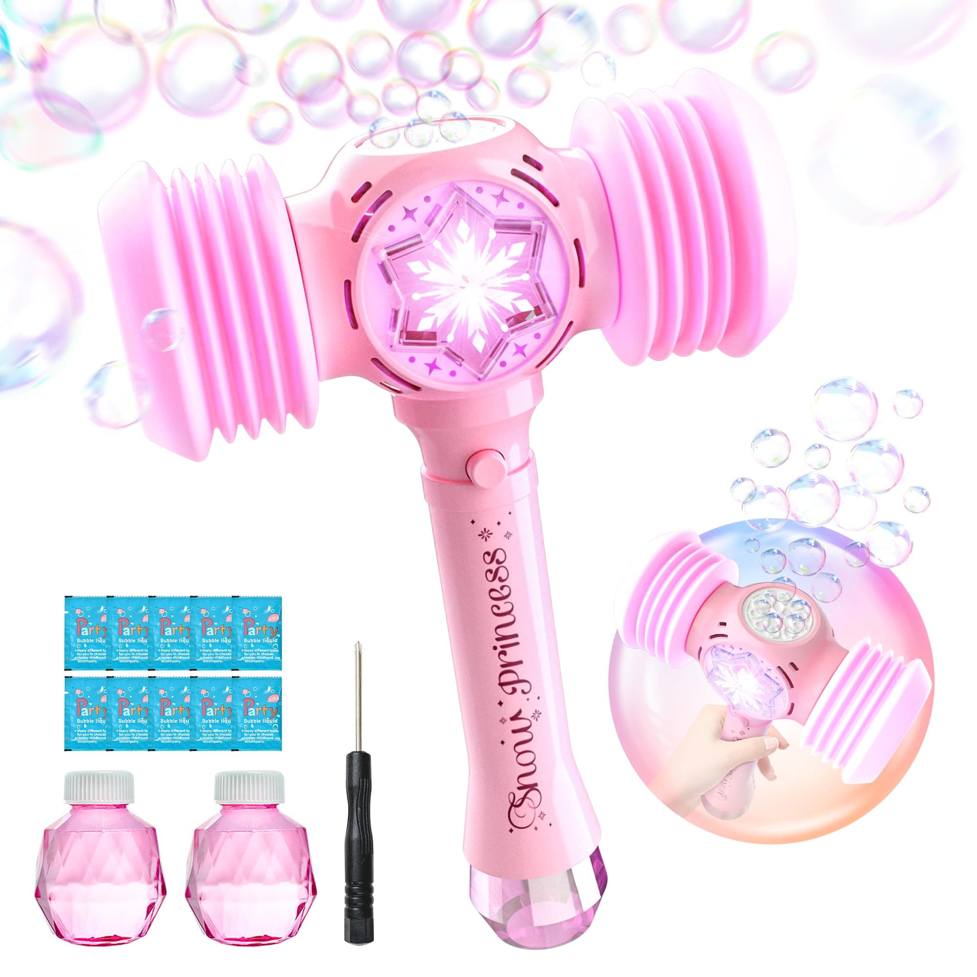 Bubble Wand, 2 in 1 Bubble Machine with Toy Hammer, Automatic Bubble Blower, Light Up & Beep Sound Bubble Maker with Bubble Solution, Outdoor Toys for Kids