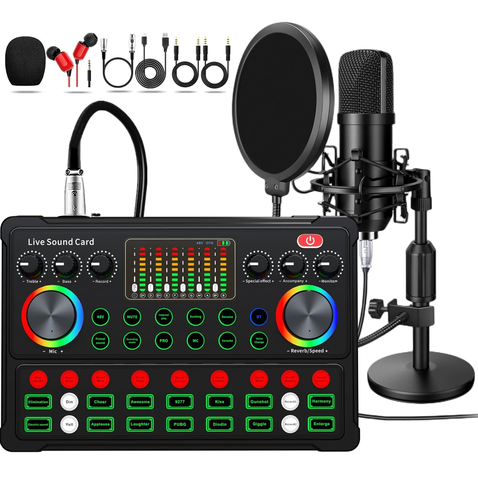 Podcast Equipment Bundle, 48V Condenser Microphone Bundle with M300 Voice Changer, Podcast Microphone Recording Studio Package for Podcasting Live Streaming Singing PC Mobile TikTok YouTube