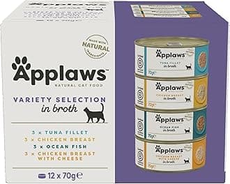 100% Natural Adult Wet Cat Food, 12x70g Tins, Multipack Fish and Chicken Mixed Selection in Broth 70g Can