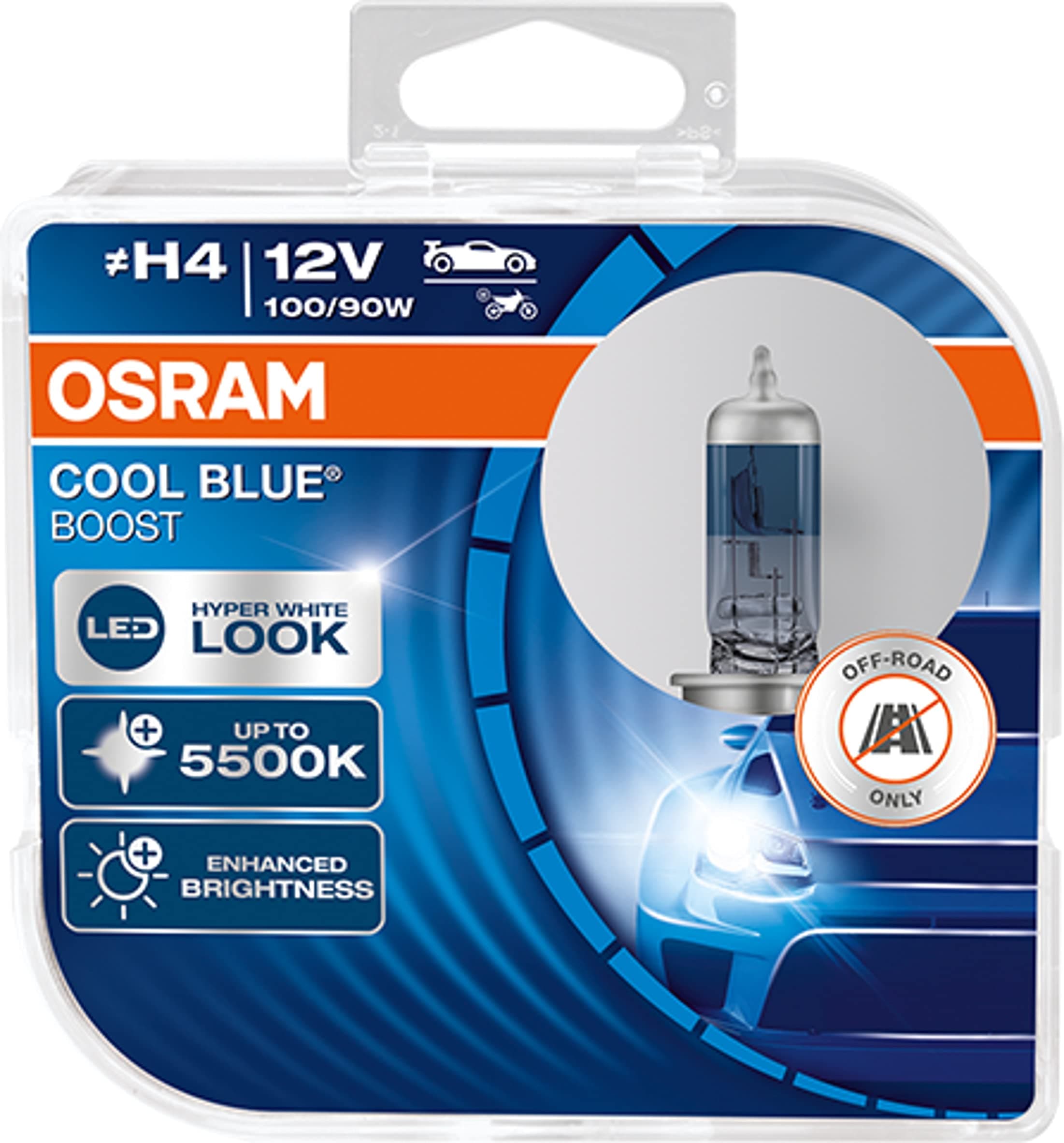 OSRAM COOL BLUE® BOOST, H4, halogen headlight lamps, 62193CBB-HCB, 12 V passenger car, up to 5500K, off-road use only, Duo Box (2 lamps)