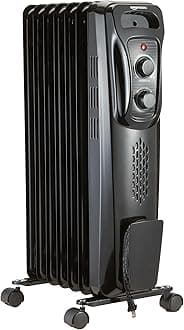 Portable Oil Radiator Heater, Indoor Use, 3 Heat Settings, Over-Heat Protection, ETL-certified Safety, 7 Oil-Filled Steel Fins, 1500W, Tip-Over Protection, 11"D x 14.8"W x 25.2"H, Black