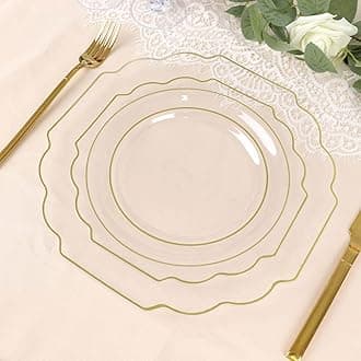 Efavormart 10 Pack | 8" Clear Hard Plastic Dessert Appetizer Plates, Disposable Tableware, Baroque Heavy Duty Salad Plates With Gold Rim