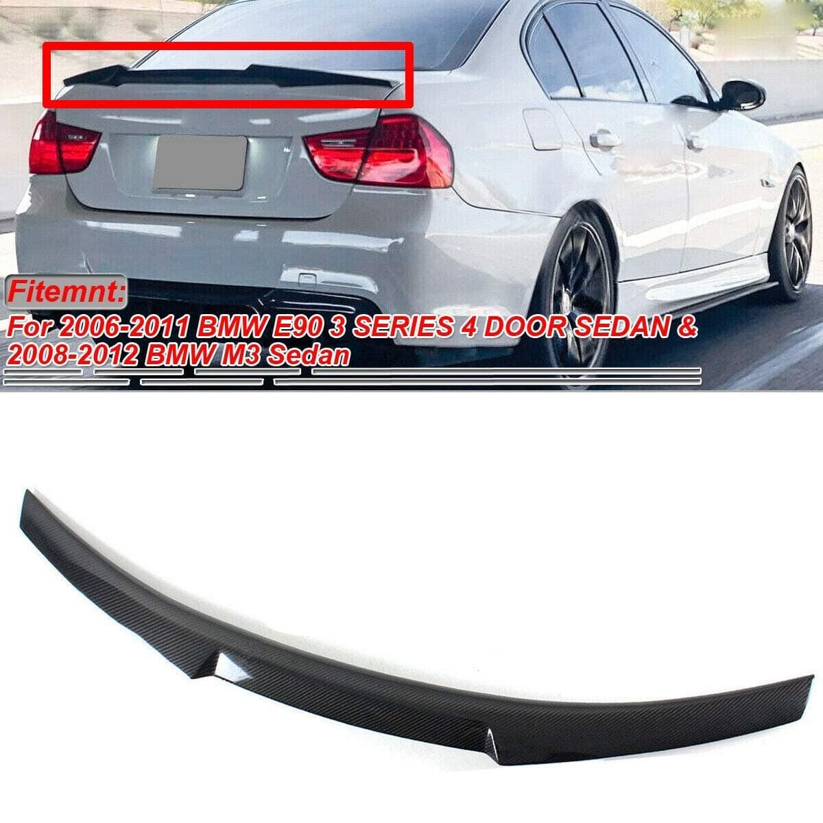 NO7RUBAN M4 Style Trunk Spoiler Wing Compatible with 2008-2012 BMW E90 M3 Sedan & 2006-2011 E90 3 Series Sedan Carbon Fiber Style