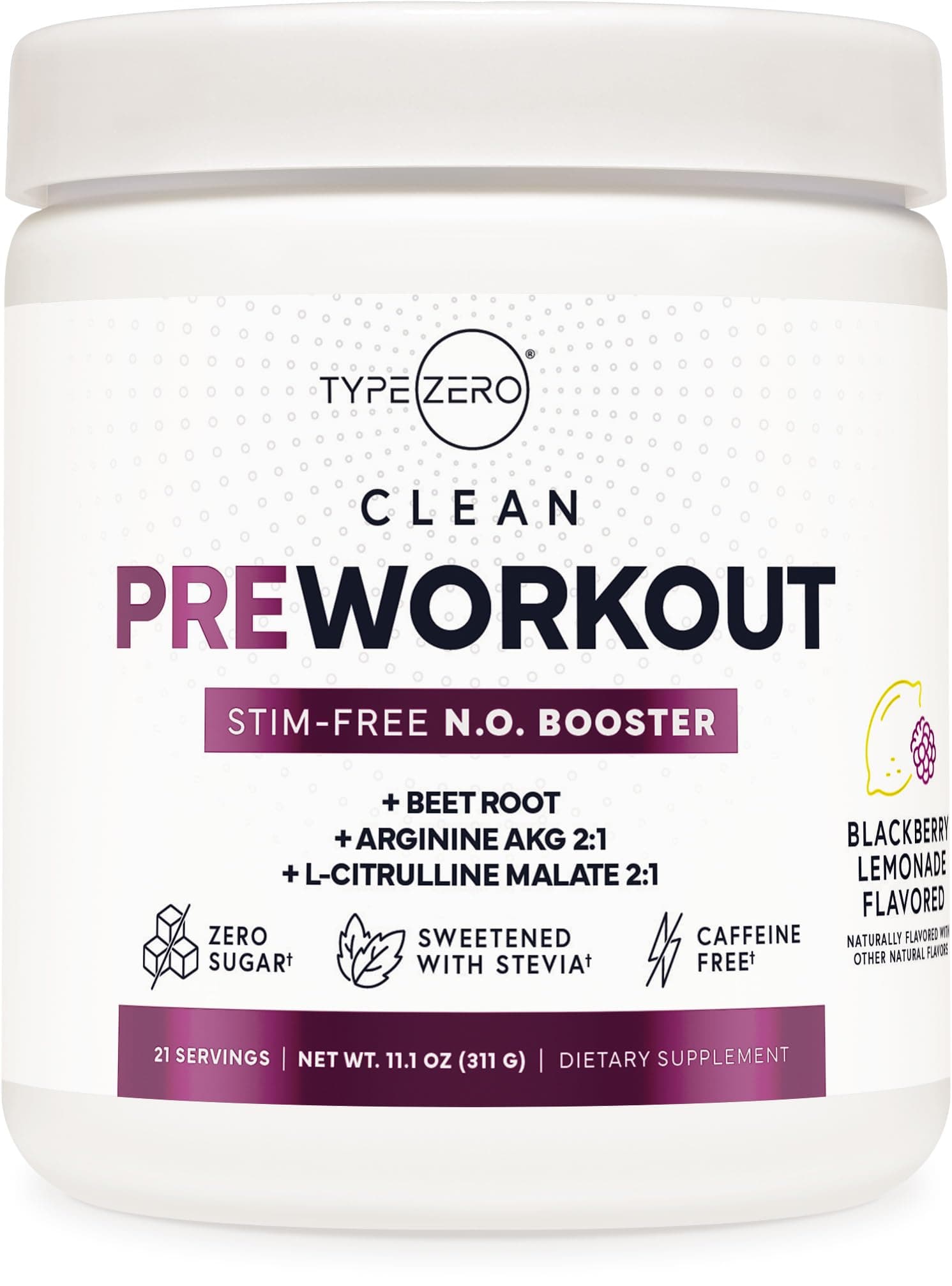 Type Zero Ultra Clean Stim Free Pump Pre Workout (Blackberry Lemonade) Beetroot, Arginine, Citrulline Malate, Betaine, Beta A, ACV+ Sugar/Caffeine Free Non Stim Preworkout Men & Women