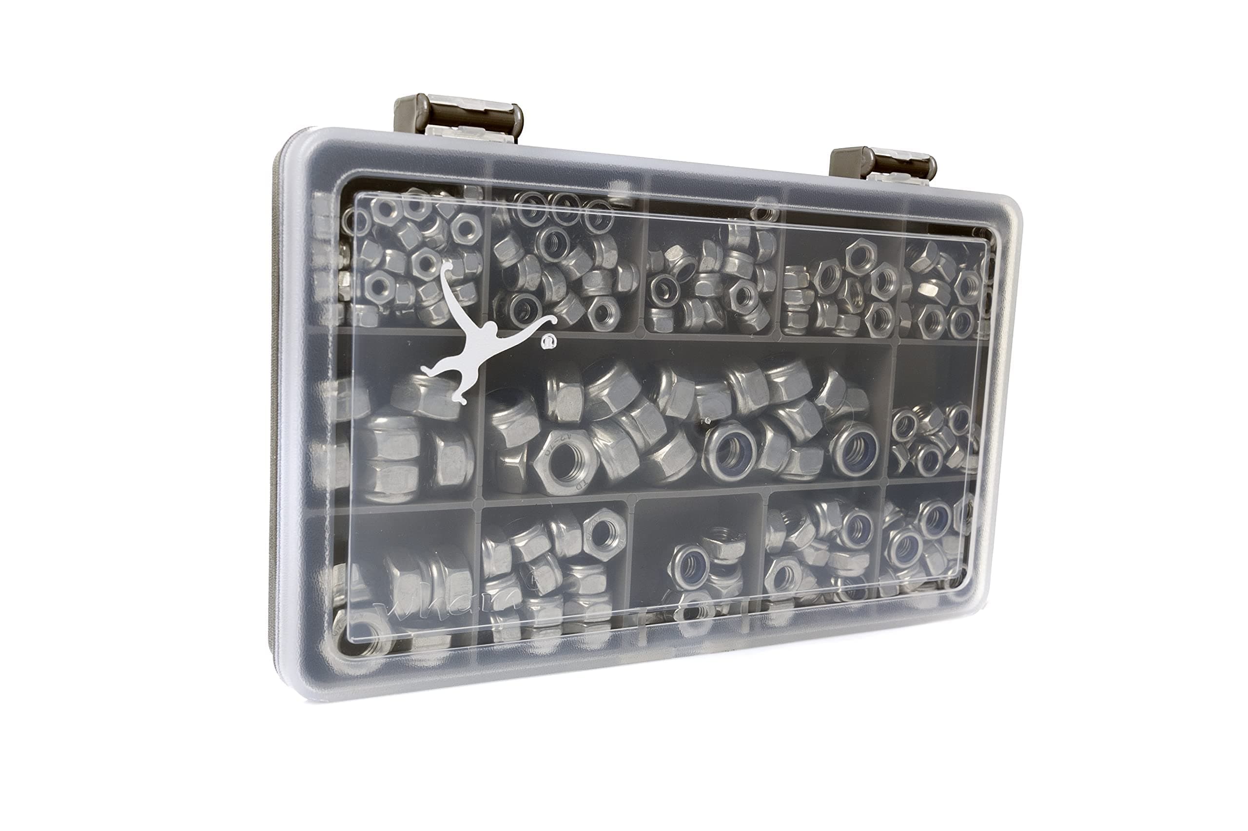 230 Assorted Nyloc Lock Nuts. A2-70 Stainless Steel M3, M4, M5, M6 & M8. in a Durable Compartment Box.