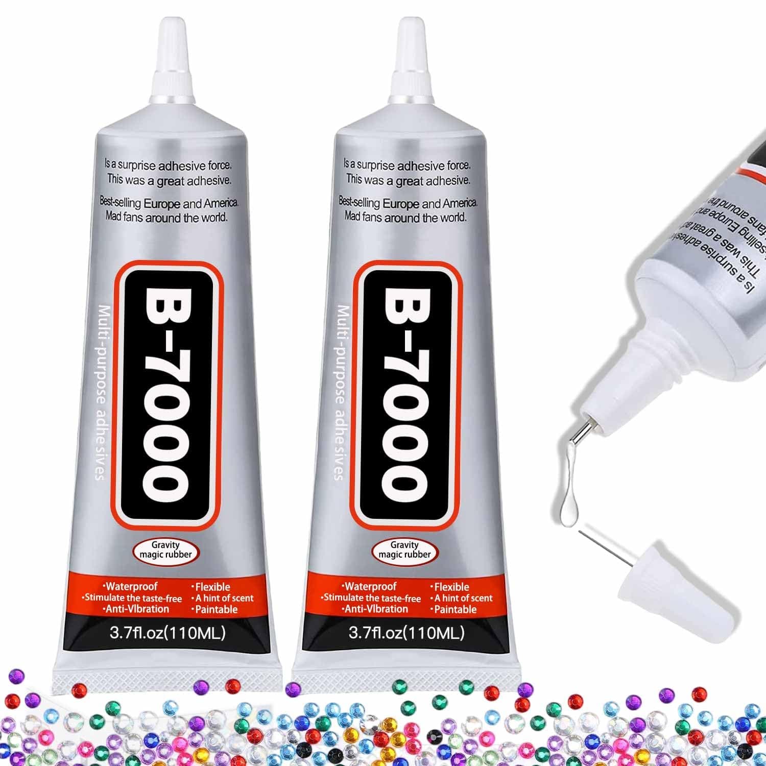 B-7000 Super Adhesive Glue - 110ml/3.7oz (2 Pack) - Industrial Strength B7000 Glues Paste for Rhinestones Crafts, Clothes Shoes, Fabric, Jewelry Making, Cell Phones, Tablet, Wood, Rubber, Leather