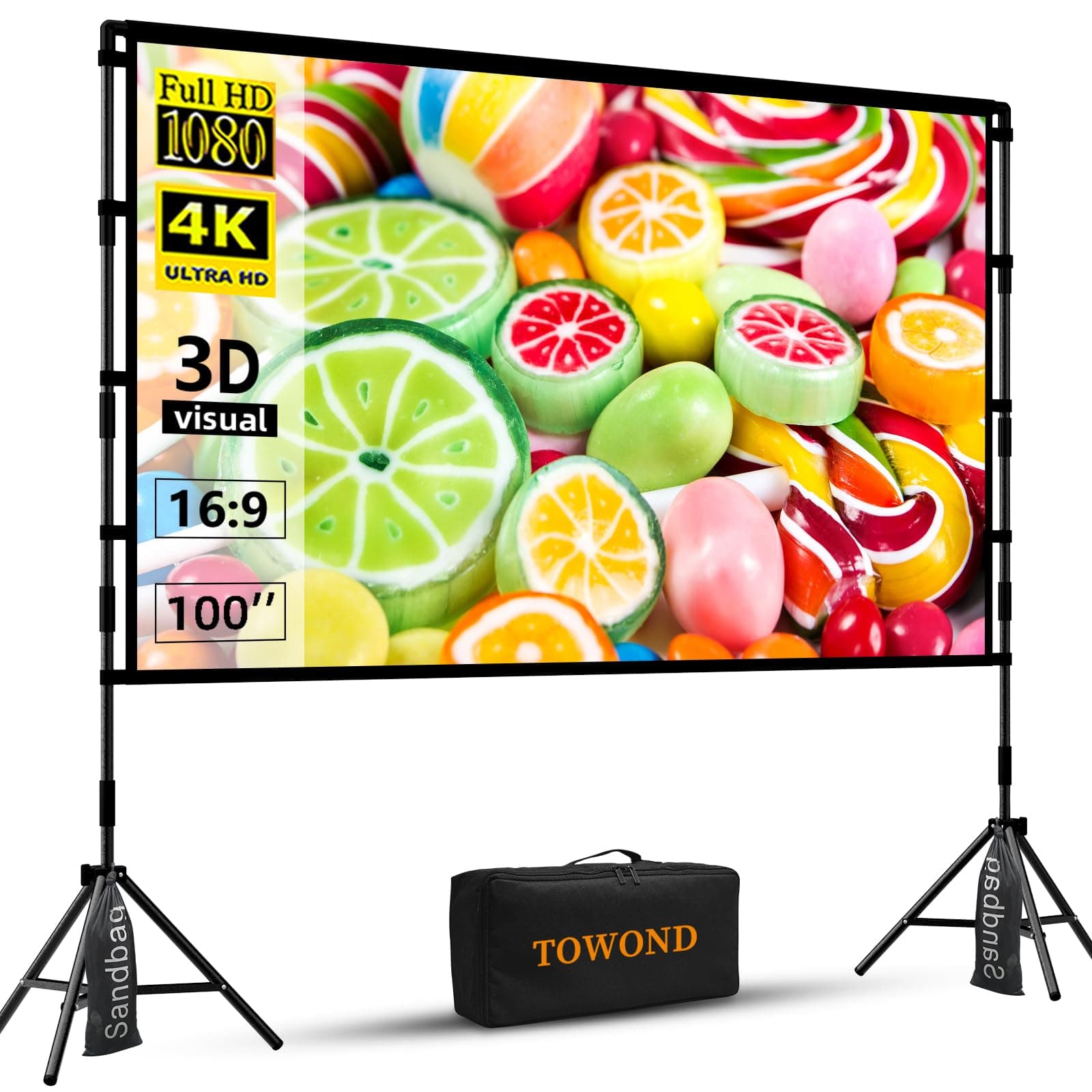 TOWOND Projector Screen with Stand, 100 inch Portable Projection Screen, Indoor Outdoor Screen 16:9 4K HD Rear Front Movie Screen with Carry Bag Wrinkle-Free Design for Home Theater Backyard Cinema
