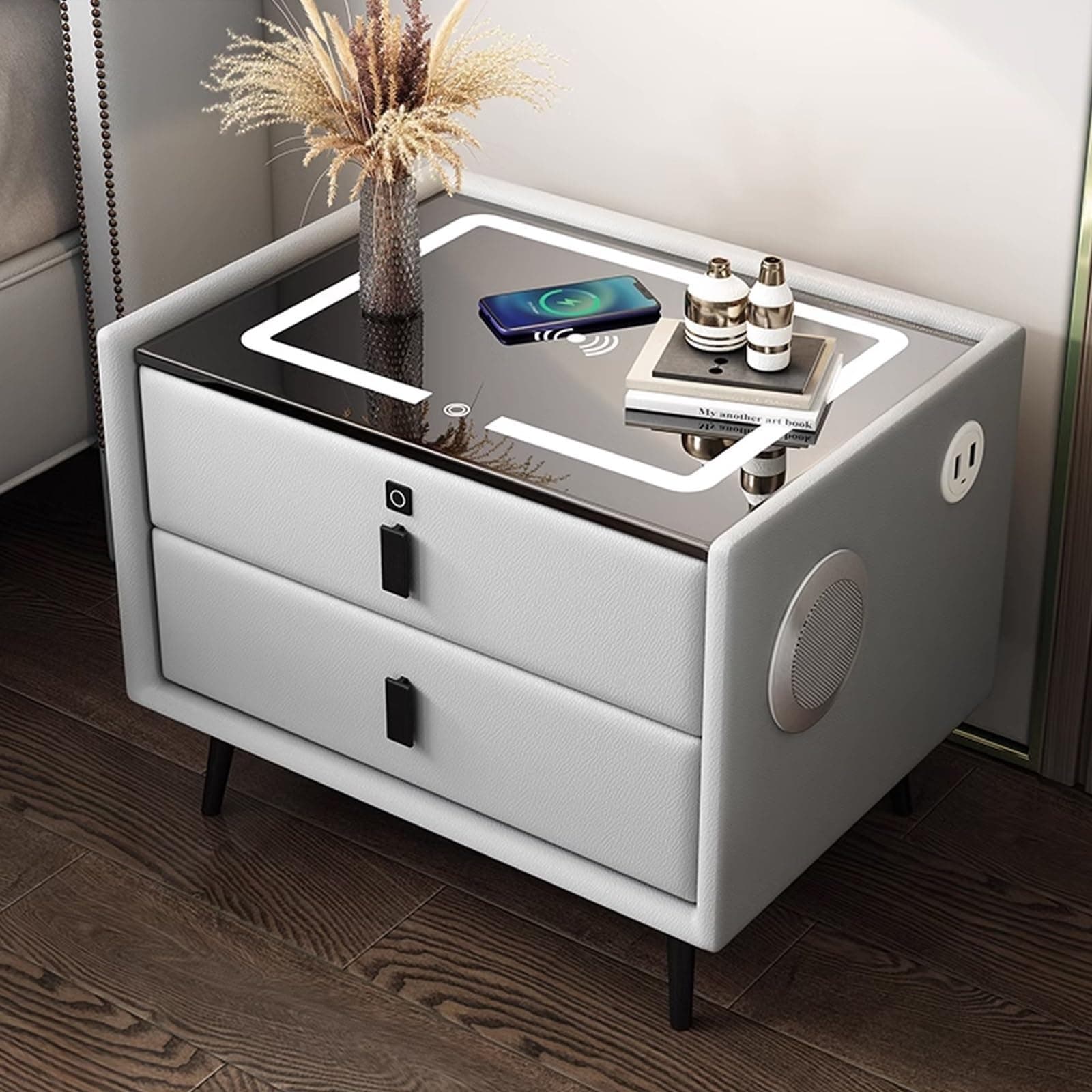 PINNKLSide Table with Storage Bluetooth Speaker Side Table, Bedside Tables Smart Nightstand With Wireless Charging Station, Fingerprint Lock (Color : Gray A, Size : 30cm/11.8in)