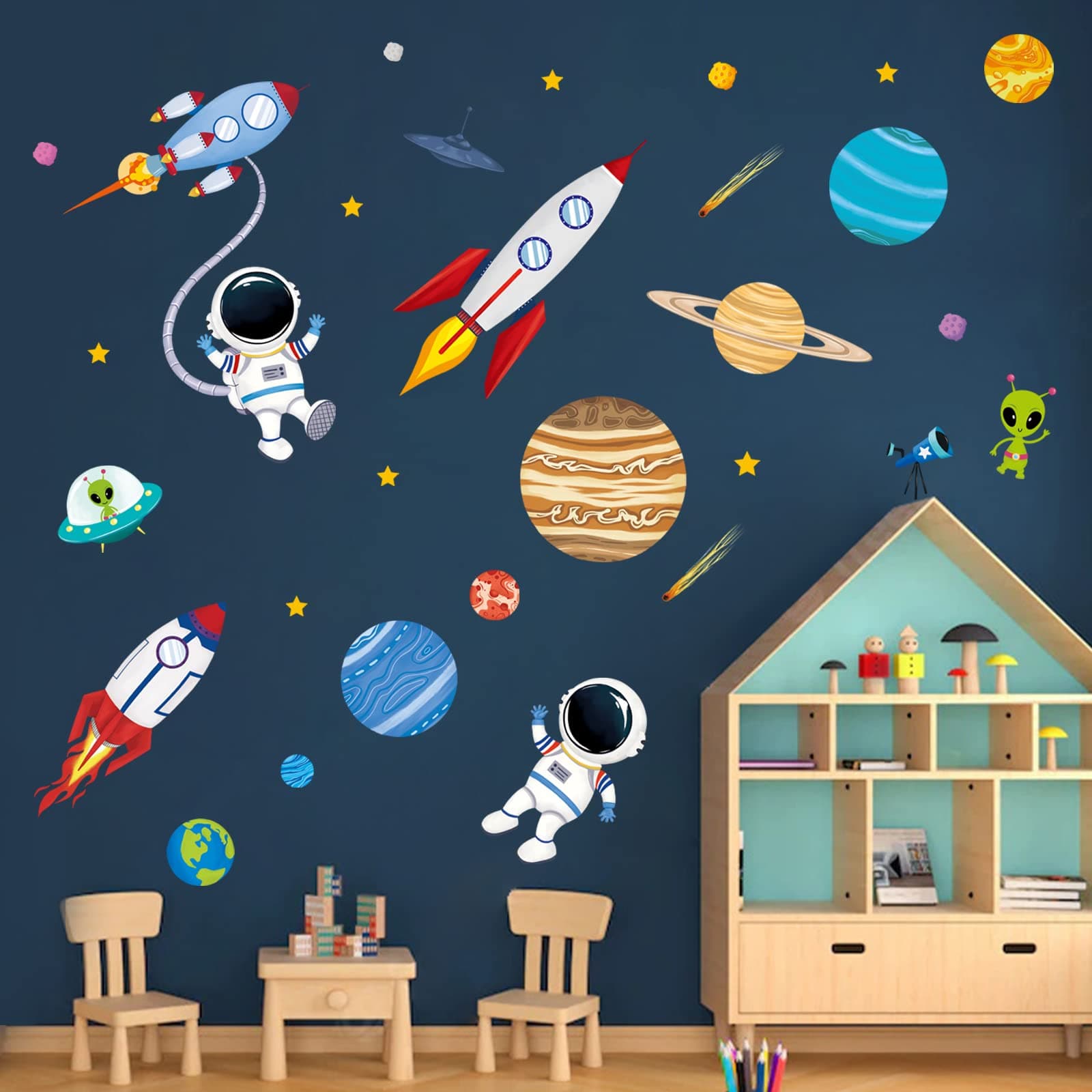 decalmile Outer Space Wall Decals Rocket Planets Astronaut Wall Stickers Baby Nursery Boys Bedroom Playroom Wall Decor