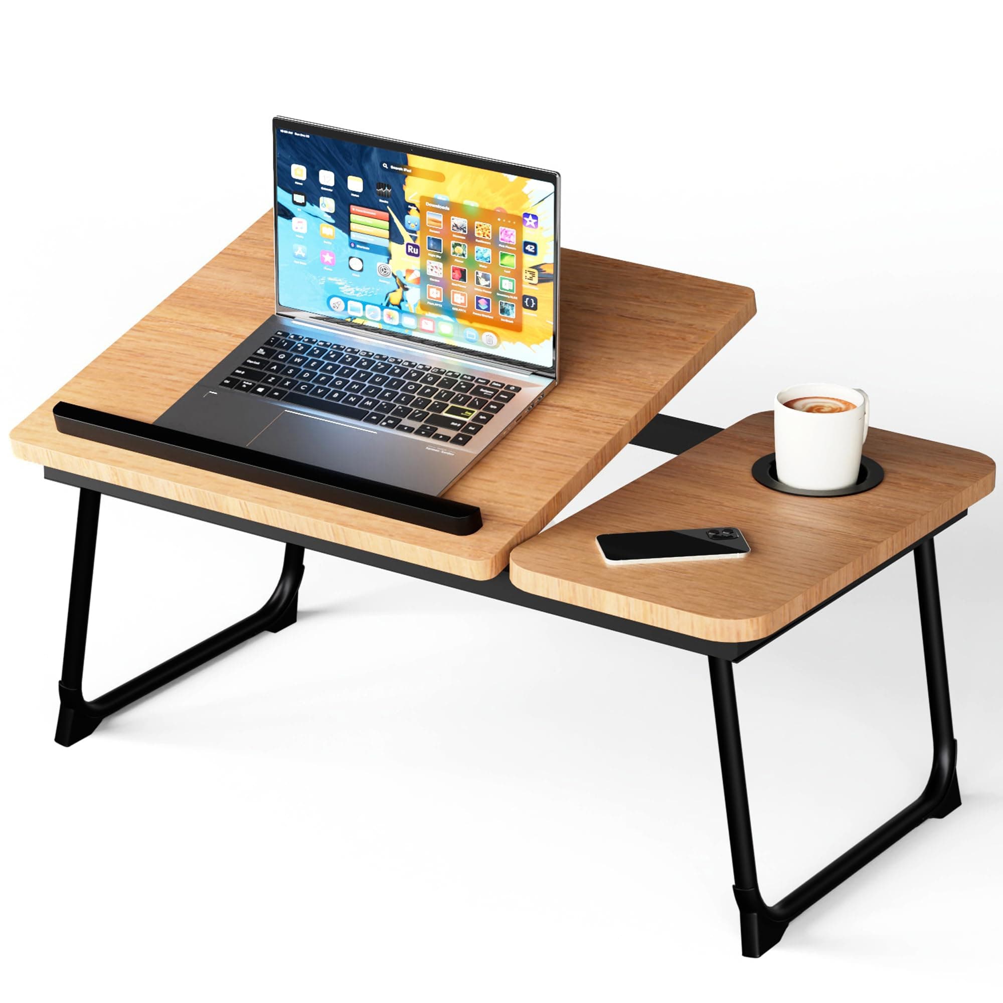 Laptop Bed Table,Laptop Bed Desk with Foldable Legs & Cup Slot, Folding Table Adjustable Trays, Reading Book Holder Notebook Stand Lap Tray for Bed, Sofa,Terrace,Carpet, Walnut