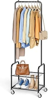 AOODA Small Clothes Rack with Shelves, Metal Sturdy Rolling Clothing Racks for Hanging Clothes, Portable Garment Rack with Wheels for Shirts, Coats, Shoes, Bags (Black)