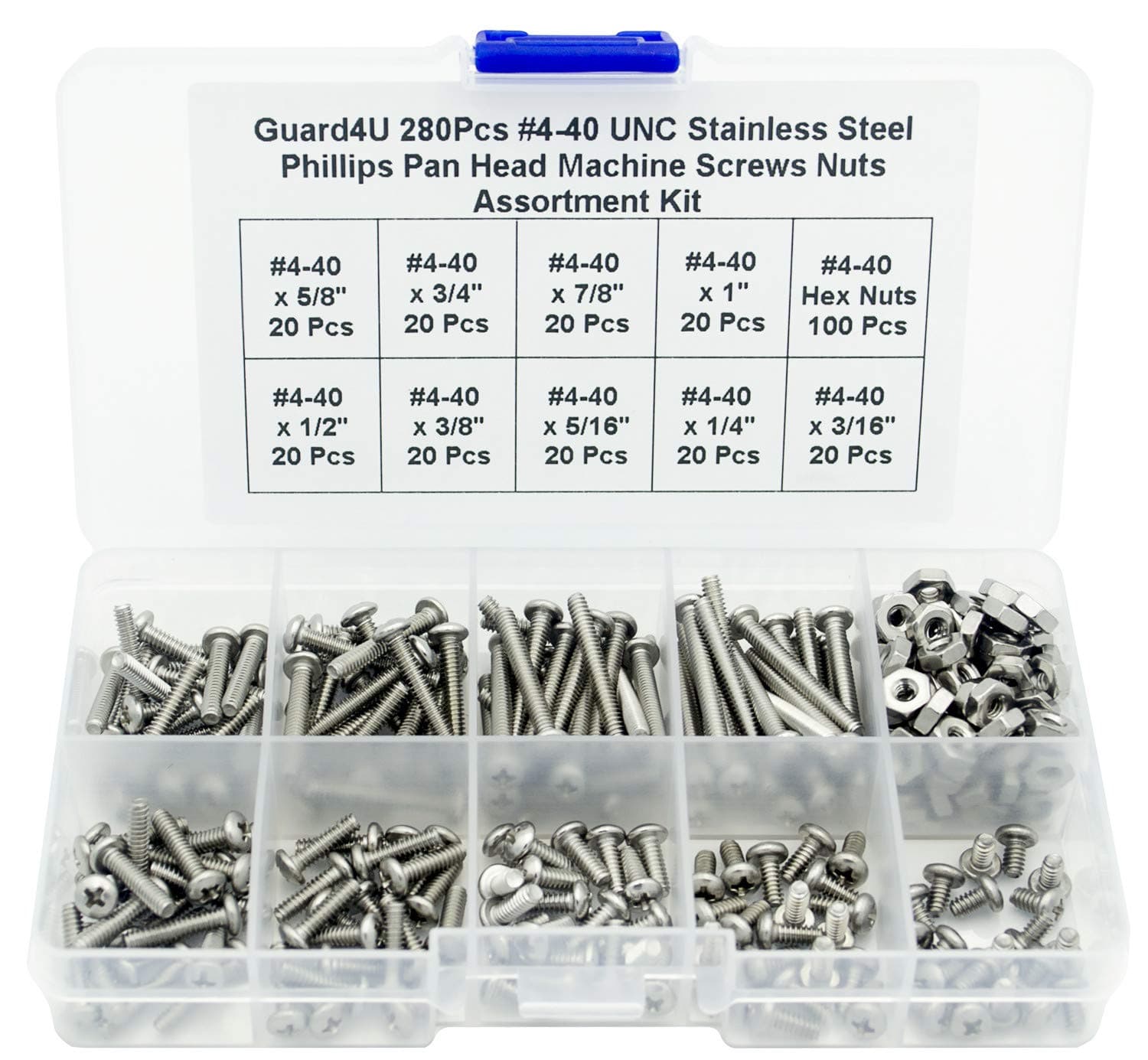 280Pcs #4-40 UNC Stainless Steel Phillips Pan Head Machine Screws Nuts Assortment Kit- #4-40x 3/16" 1/4" 5/16" 3/8" 1/2" 5/8" 3/4" 7/8" 1"
