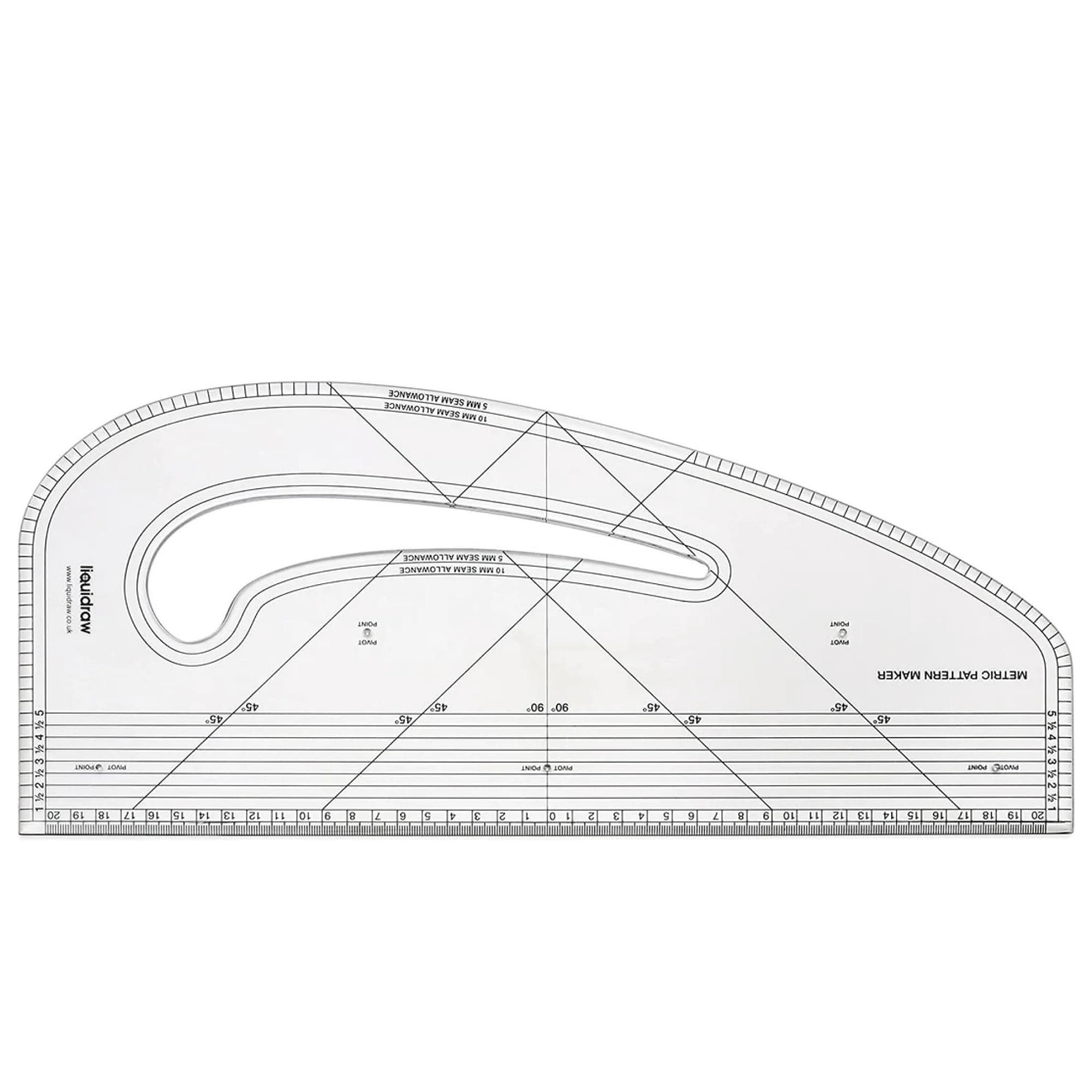 Liquidraw Pattern Maker Perspex Pattern Marking Ruler - 43 x 19 cm | Multipurpose Bevelled Edge Metric Tool for Cutting | Contains All Grader Set Square Functions | Ideal for Sewing & Fashion Design