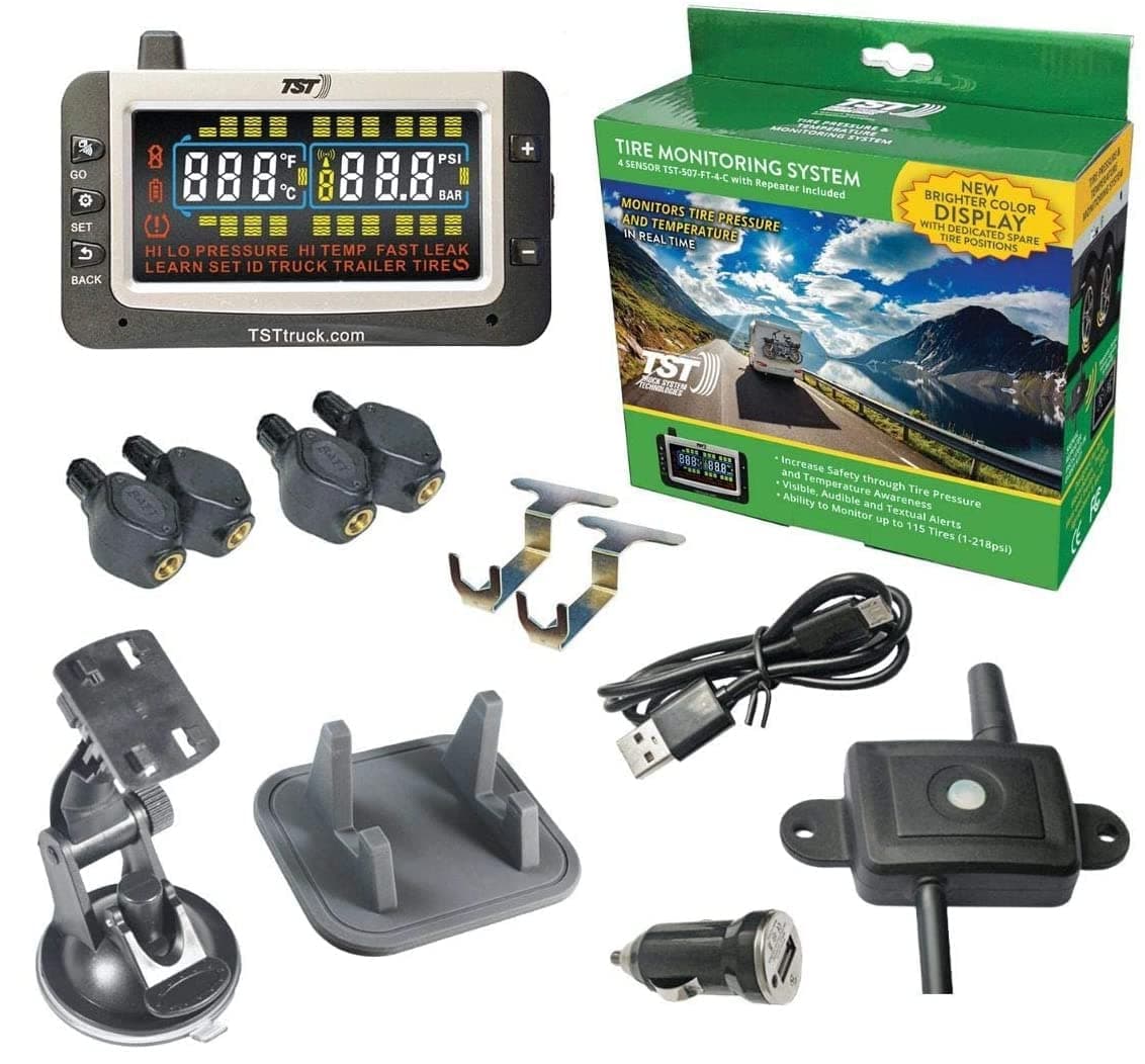 Truck System Technologies TST TST-507-FT-4-C 507 Series 4 Flow Thru Sensor TPMS with Color Display and Repeater | Wireless Tire Pressure and Temperature Monitoring System, Green, 4 Flow Thru Sensors