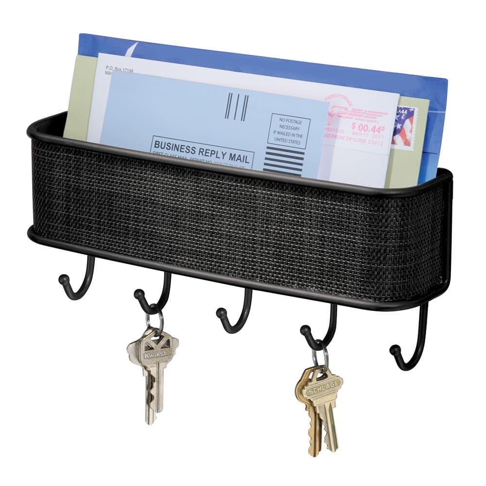 InterDesign Twillo Mail, Letter Holder, Key Rack Organizer for Entryway, Kitchen - Wall Mount, Matte Black
