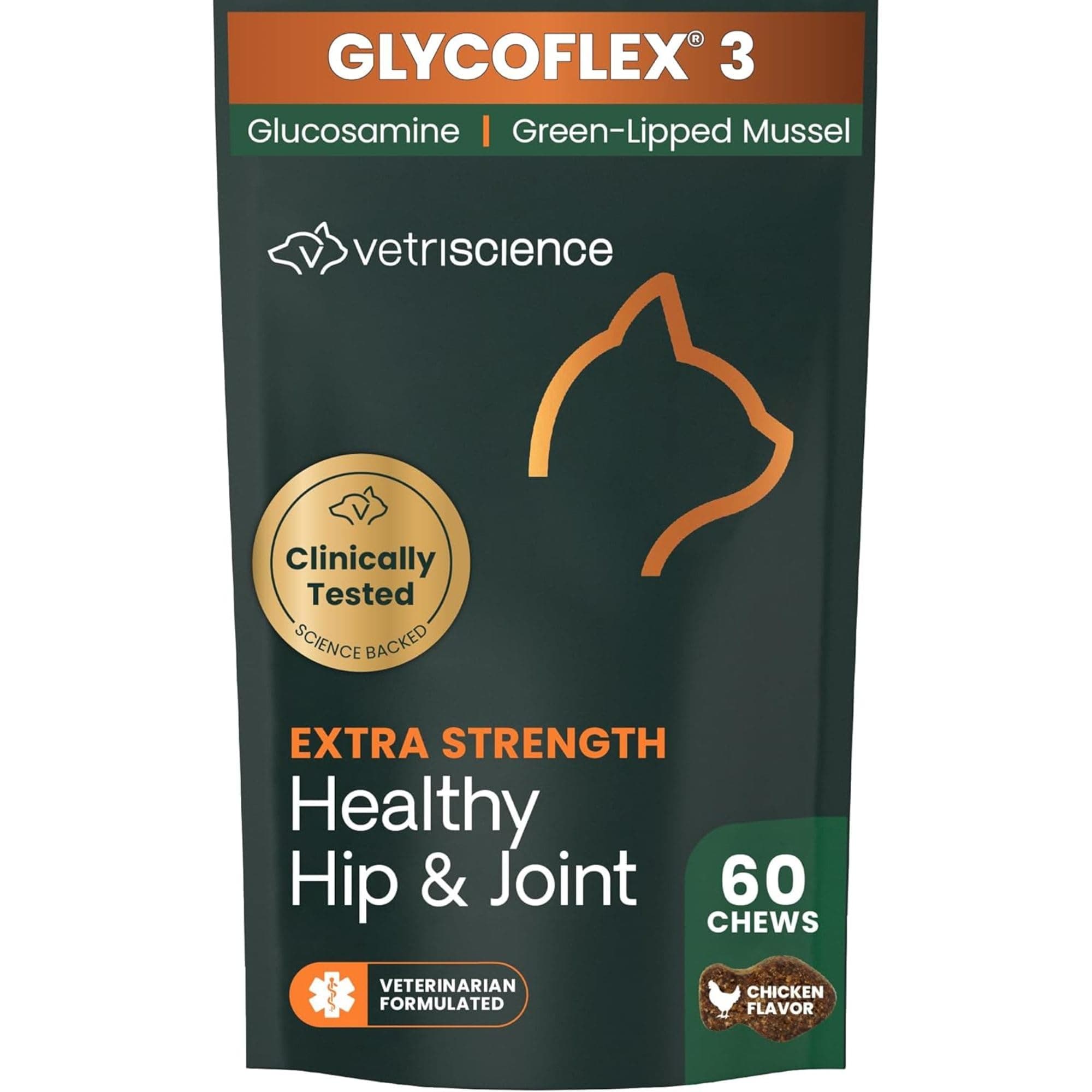 Extra Strength Healthy Hip & Joint Chews, GlycoFlex Glucosamine and Green-Lipped Mussel Joint Support Supplement for Cats, Promote Mobility and Soothe Joint Discomfort, Chicken, 60 Count