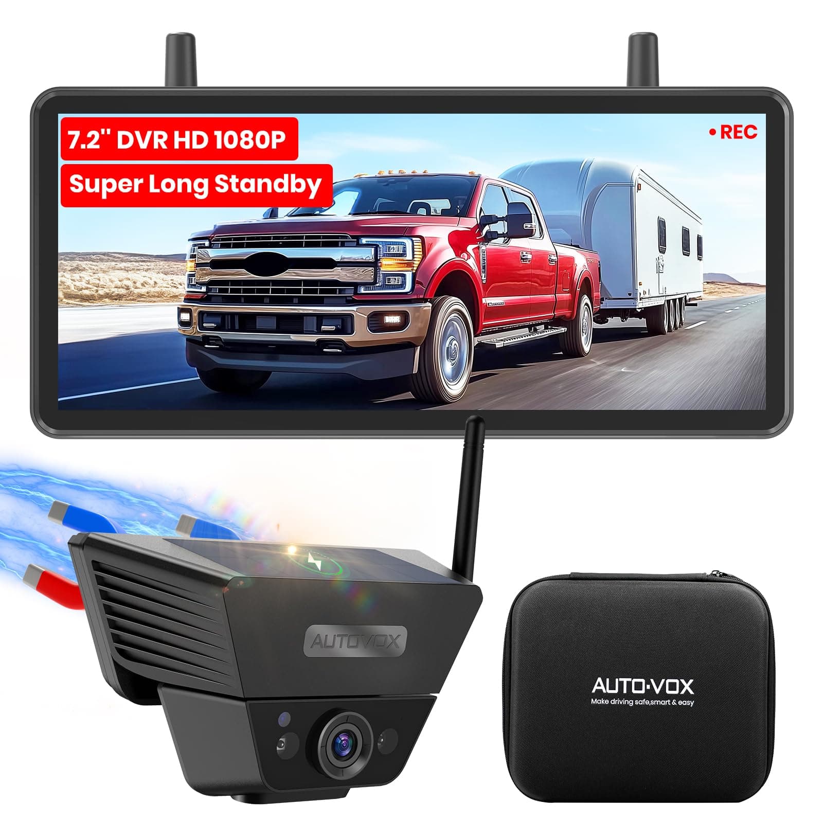 AUTO VOX Wireless Backup Camera Solar Magnetic: with 7.2" DVR 1080P 2 Split Recording Monitor, Dual Antenna Stable Signal,IP69K & 1-Min Install,HD IR Night Vision for Truck, Trailer, RV, Camper