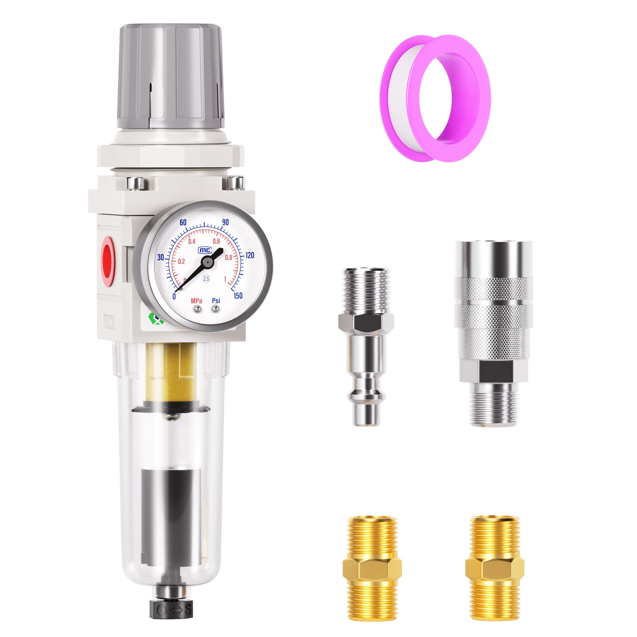 TAILONZ Pneumatic 1/4 Inch NPT Automatic Drain Air Filter Pressure Regulator Combo Piggyback, Air Tool Compressor Filter with Gauge AW2000-02D