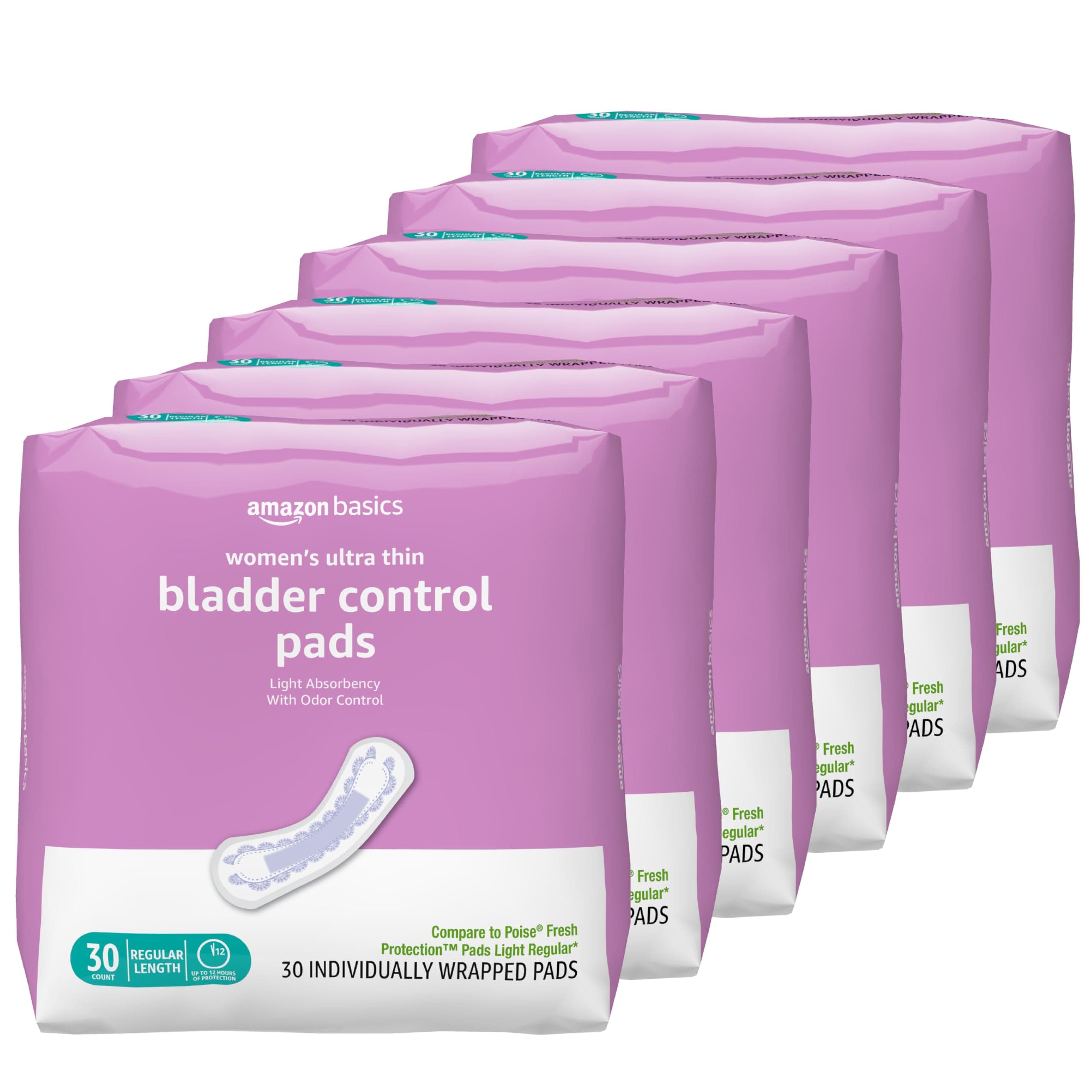 Women's Incontinence Pads, Postpartum, Bladder Control, Light Absorbency, Unscented, 180 Count (6 Packs of 30)