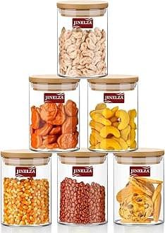 Glass Jars Air Tight Canister Borosilicate Kitchen Food Storage Container Set With Natural Bamboo Lids For Candy, Cookie, Rice, Sugar, Flour, Pasta, Nuts (270Ml Jars, 6 Pcs), Transparent