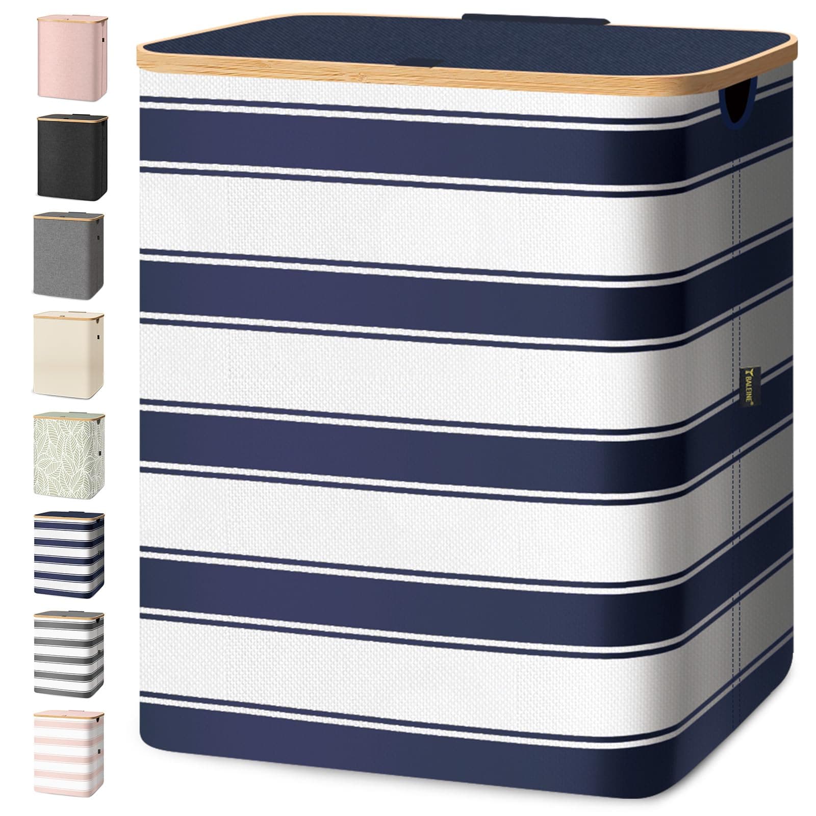 BALEINE Laundry Hamper with Lid, Tall Laundry Baskets with Bamboo Pull Handles, Large Laundry Bin with Internal Support (36 Gal/140L, Blue Stripe)