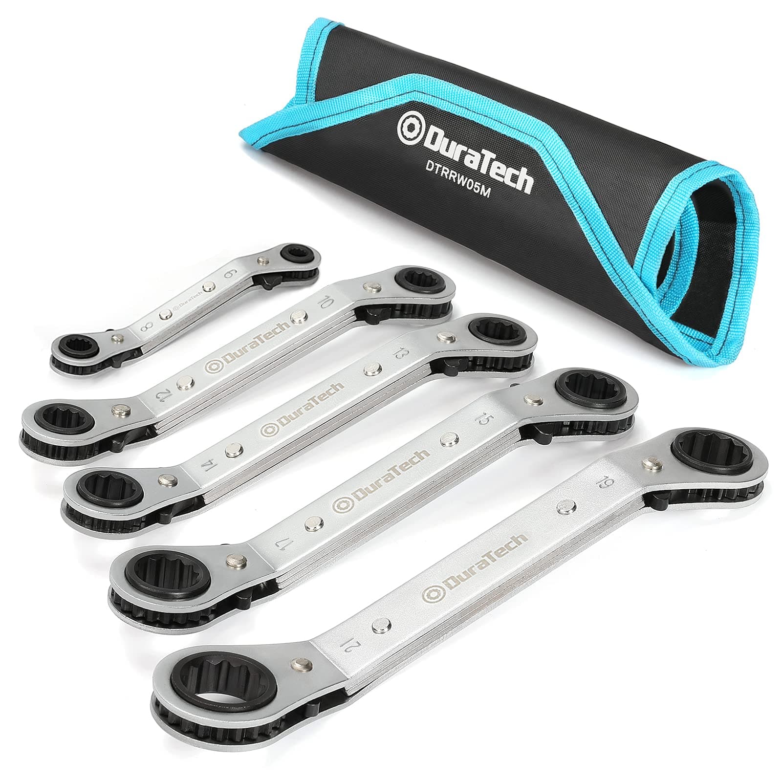 DURATECH 5 Pc Double Offset Box End Reversible Ratcheting Wrench Set Metric, Heavy-duty, Matte Chrome Plated, Ratchet Spanner Crooked for Narrow Spaces (6x8 mm, 10x12 mm, 13x14 mm, 15x17 mm, 19x21 mm)