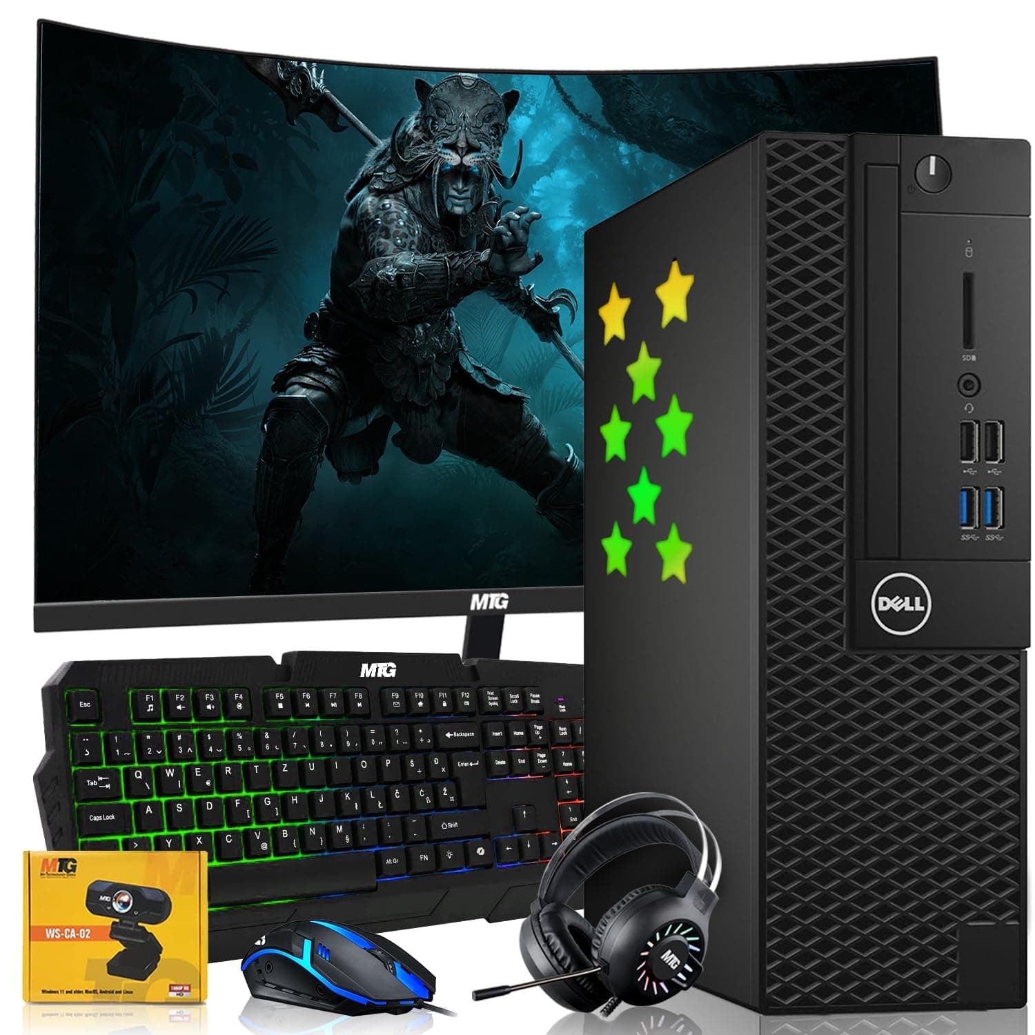 Dell Desktop PC Gaming Bundle - Core i7, 16GB RAM, 512GB SSD, 27-inch Curved Monitor, GT 1030, RGB Keyboard with AI-Enabled Copilot Key, Mouse, RGB Headphone, Webcam, Wi-Fi, Win 11 Home (Renewed)