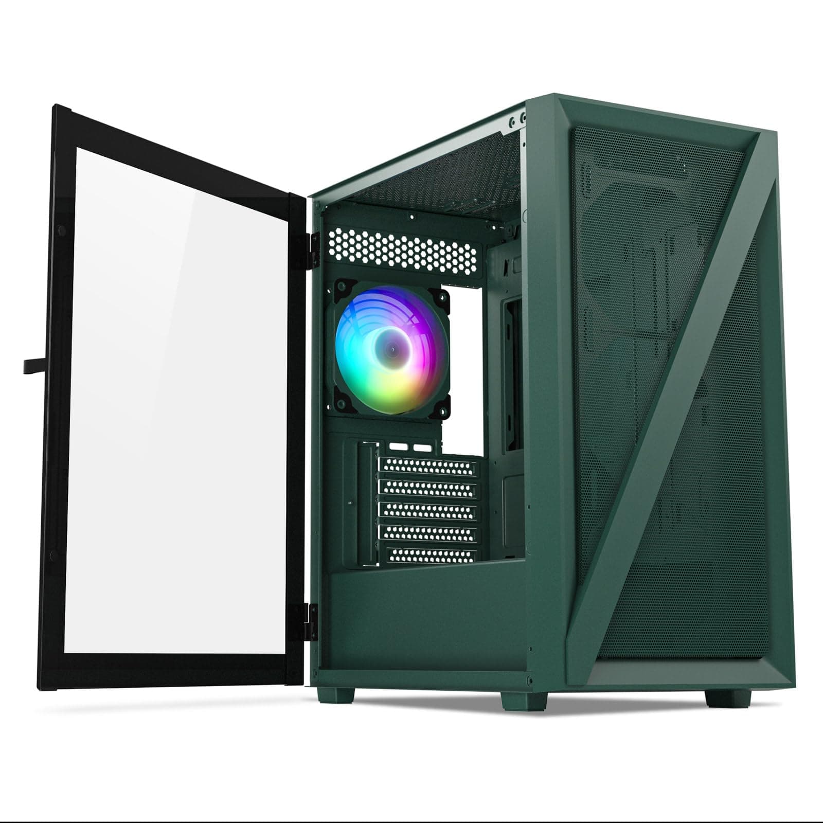 Vetroo M05 Micro ATX Computer PC Case with Door Open Tempered Glass Side Panel & Mesh Front Panel, Pre-Installed 120mm ARGB Fan in Rear, Support 240mm Radiator, Type-C Port - Army Green