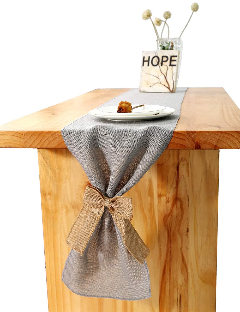 Gray Burlap Table Runner 12 x 108 Inch with Bow Ties for Rustic Farmhouse Table Runner Cover Runner, Wedding Bridal Shower Party Decoration, Buffet Dinner Kitchen Christmas Table Decoration
