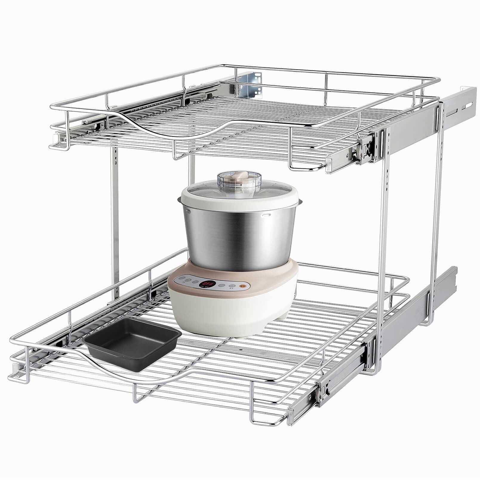 DINDON 2 Tier Pull Out Cabinet Organizer (20" W X 21" D), Double Tier Wire Basket Slide Out Shelf Storage for Kitchen Base Cabinet Organization for Kitchen, Pantry, Bathroom, Chrome