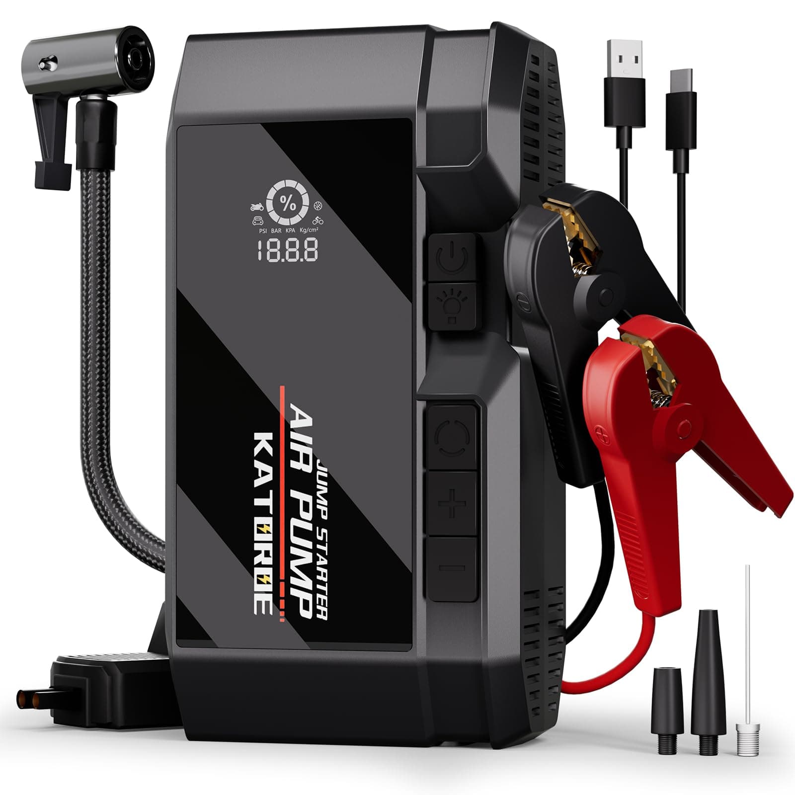 Katoroe Q17 Car Jump Starter with Air Compressor,4500A 160 PSI Portable Jump Starter Battery Pack (10.0L Gas/8.0L Diesel), with QC 3.0,Large Display, 3 Modes Flashlight and Jumper Cable Black