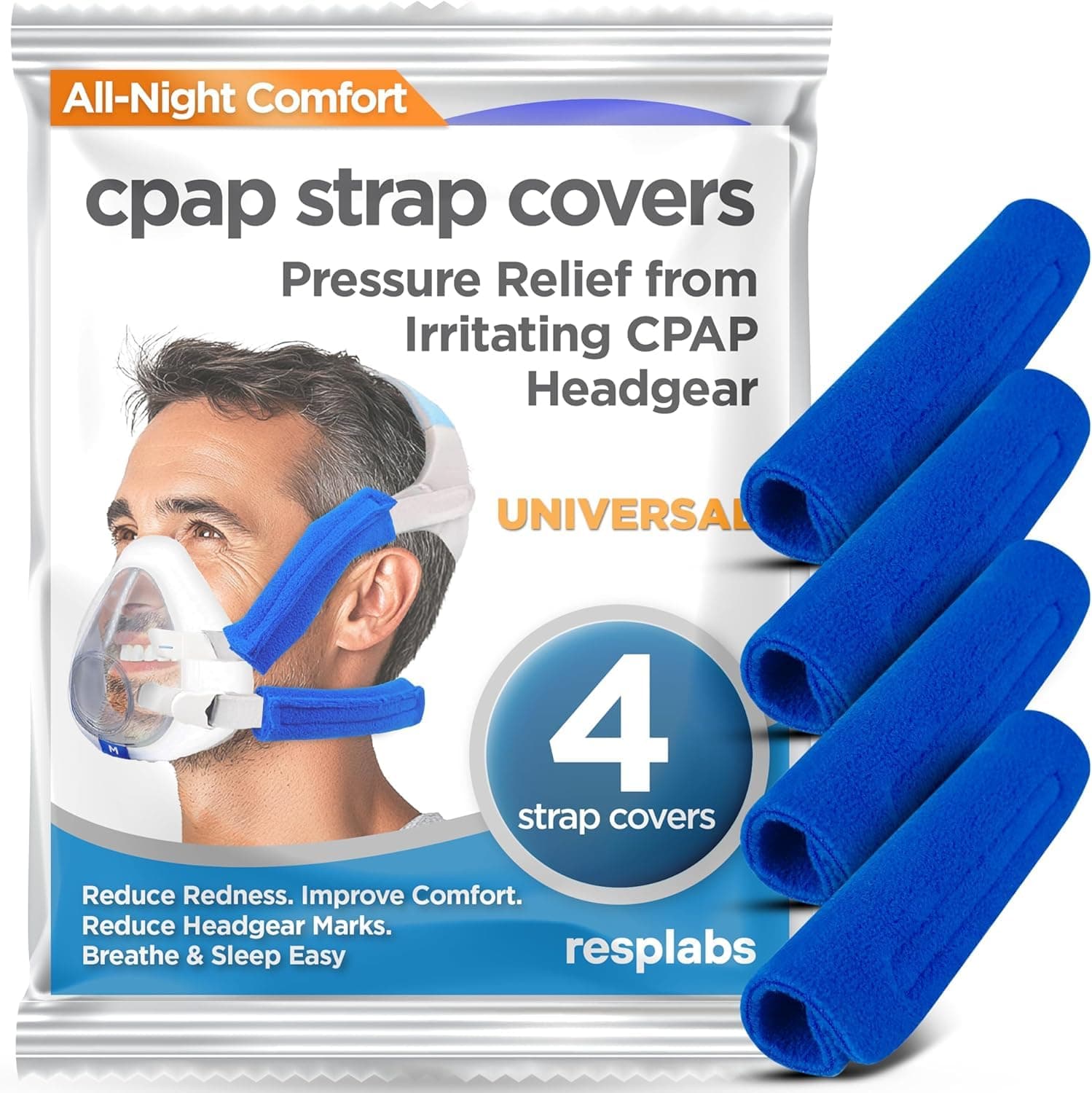 resplabs CPAP Strap Covers | Compatible with Most Full Face and Nasal CPAP Mask Headgear | Universal | 4 Pack