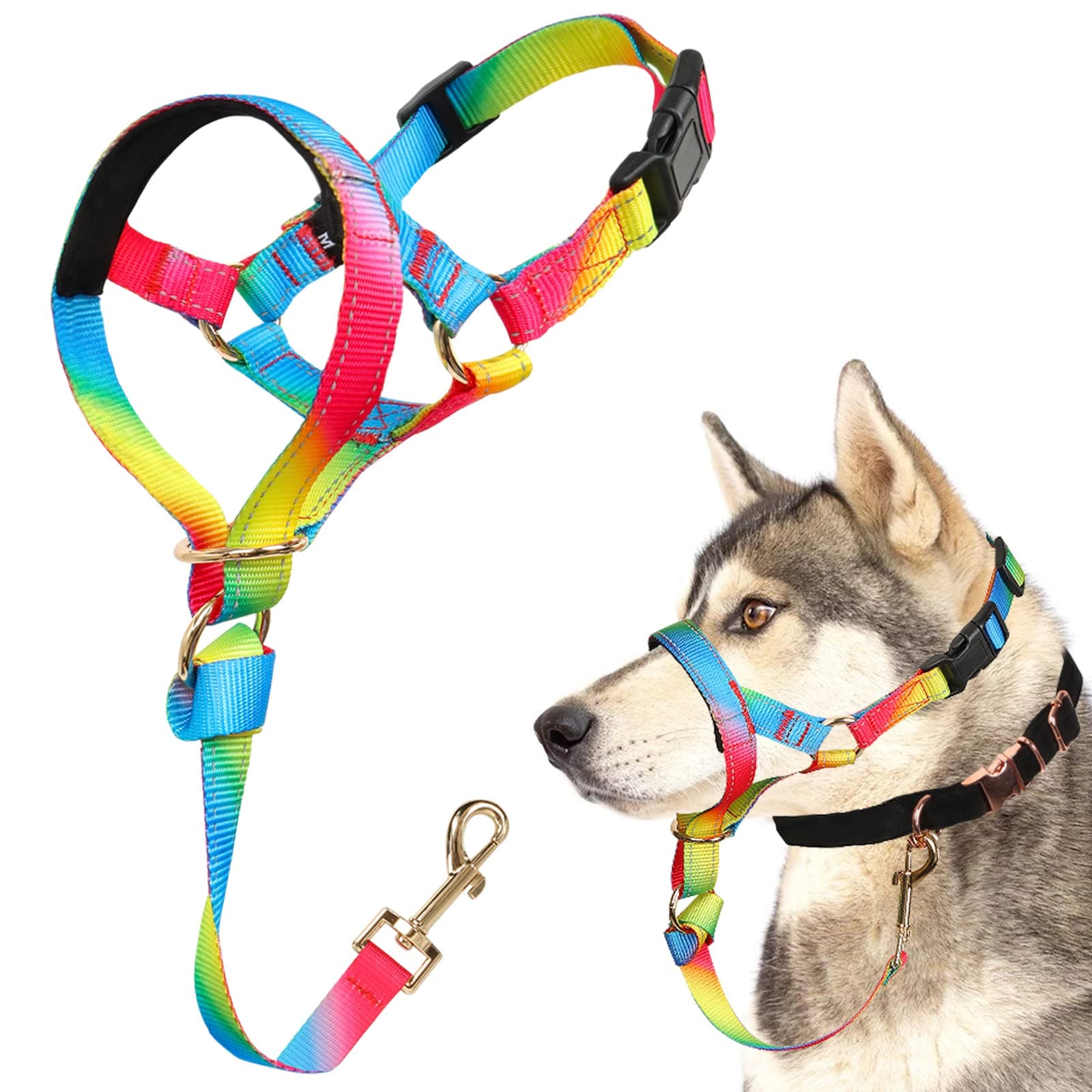 BARKLESS Dog Head Collar, No Pull Cute Dog Collar for Heavy Pullers, Effective Soft Dog Training Halter Stops Pulling on Leash for Walking Small Medium Large Dogs (S, Rainbow)