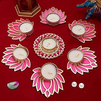 Pack of 7 Handmade Pink Lotus Chudi Diya Rangoli Candles with Wax for Diwali Ganesh Chaturthi Laxmi Pooja Home Temple Rangoli Diya Floor Decoration