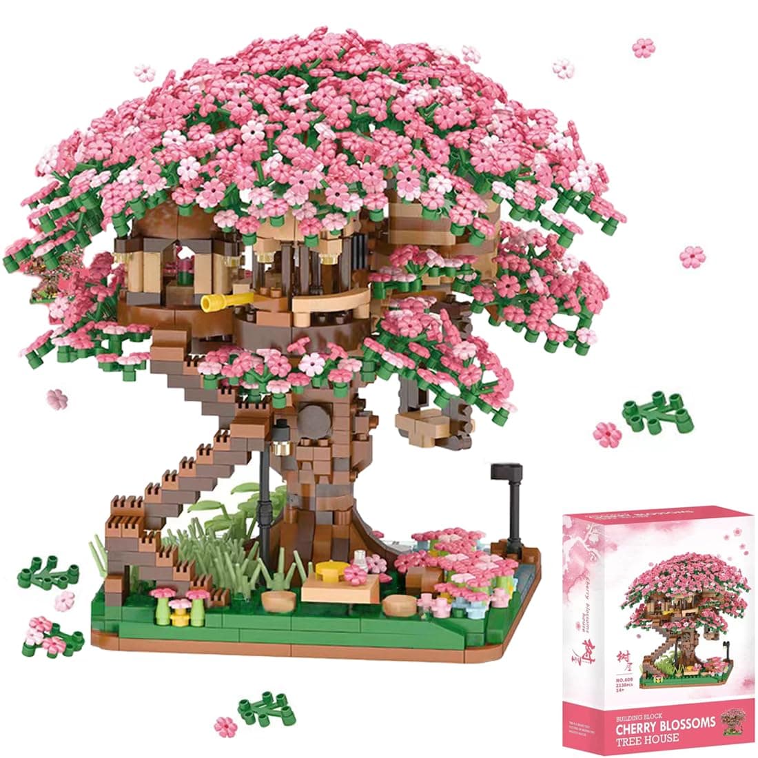 Street View Cherry Bonsai Tree Bricks Model Set, 2138Pcs DIY Sakura Tree House Building Block Assembly Mini Particle Construction Toy - Not Compatible with Major Brands