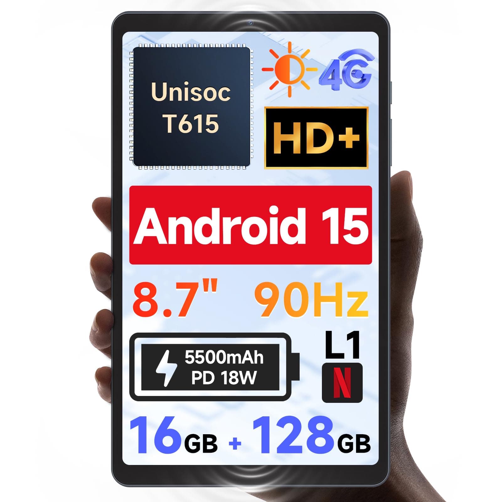 [2025 New Android 15] 8.7" Tablet, Unisoc T615 (8 Core), HD IPS 800x1340, 90Hz Reflex, 350Nit, Widevine L1, 5MP Camera, 4G LTE, 2.4G/5G WiFi, BT5.0, 5500mAh, PD18W, 16GB+128GB(1TB TF)