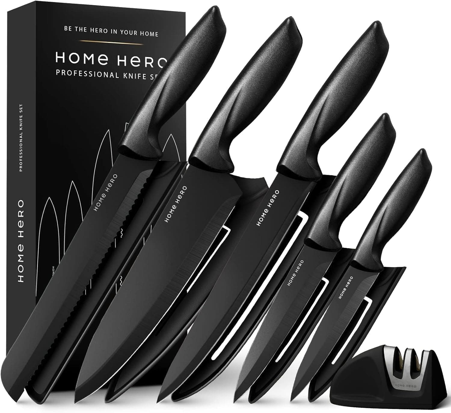 5-Piece Kitchen Knife Set with Protective Sheaths & 2-Stage Sharpener, Black Stainless Steel Chef, Bread, Carving, Utility & Paring Knives