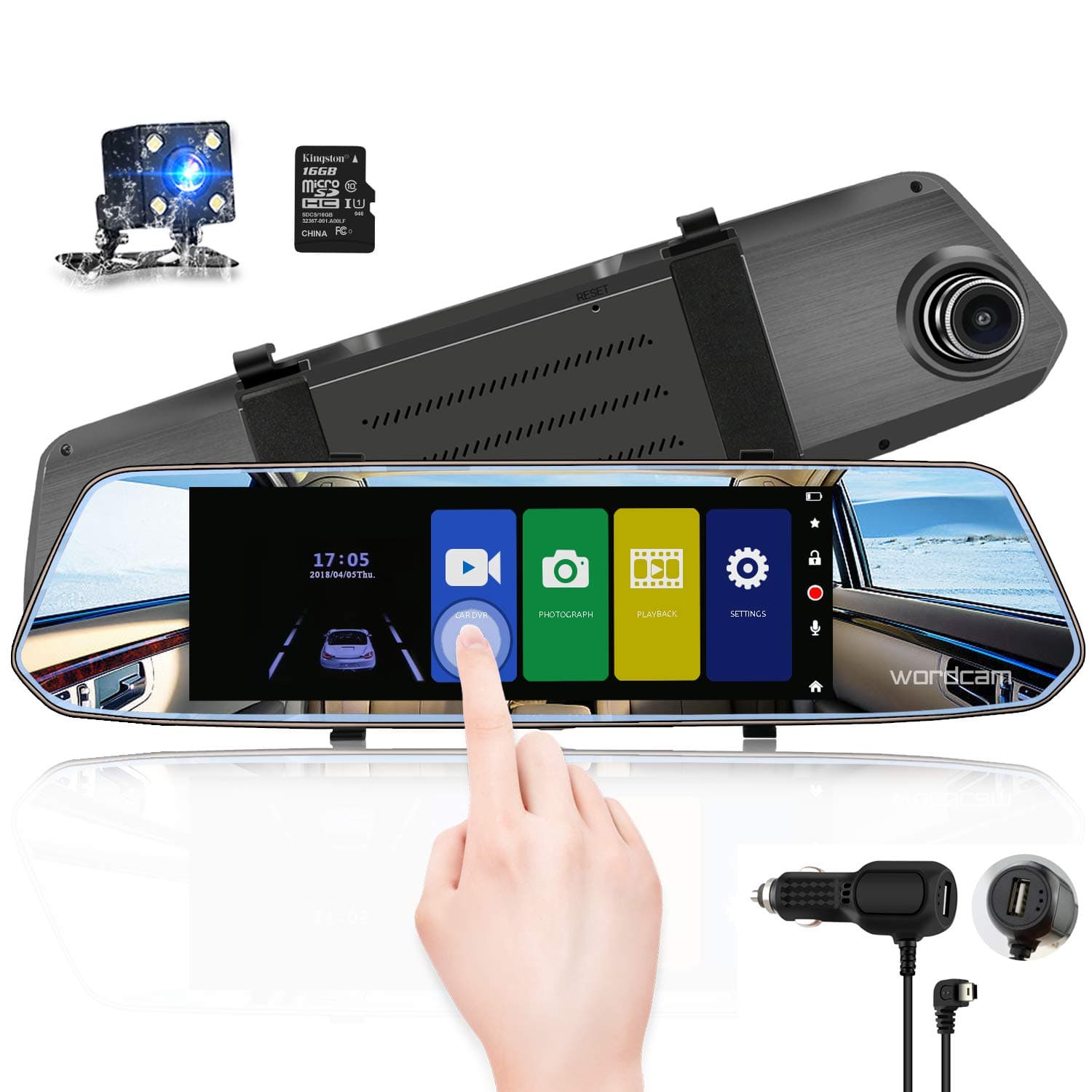 Wordcam 7-Inch Touch Screen Backup Camera Mirror Dash Cam 1080P Front and Rear Dual Lens with Waterproof Rearview Reversing Camera(Free 16GB SD Card)