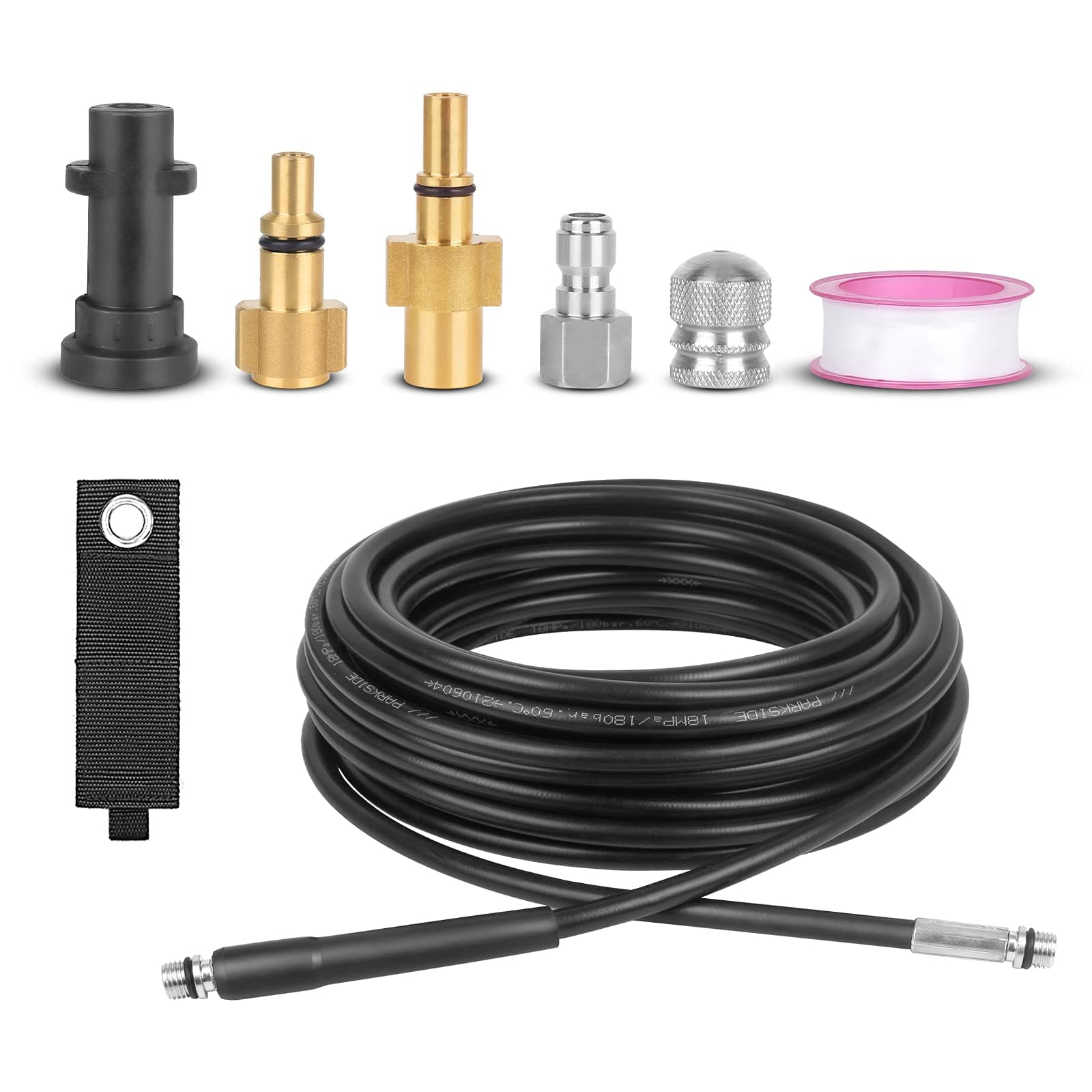 Qooltek15M/50FT Pressure Washer Drain Pipe Hose Cleaning Kit Replacement for Karcher K Series, Adapter Compatible with Lavor and Bosch Pressure Washer, 1/4'' Quick Plug, 1 Front 6 Back Jet Nozzle