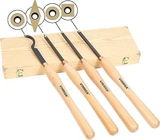 20" Full Size 4 PCS Carbide Wood Lathe Turning Tool Set, Including Swan Neck Hollower, Rougher, Finisher, Detailer, Titanium Coated Carbide Blades 2X Extended Service Life, Beech Wood Handle