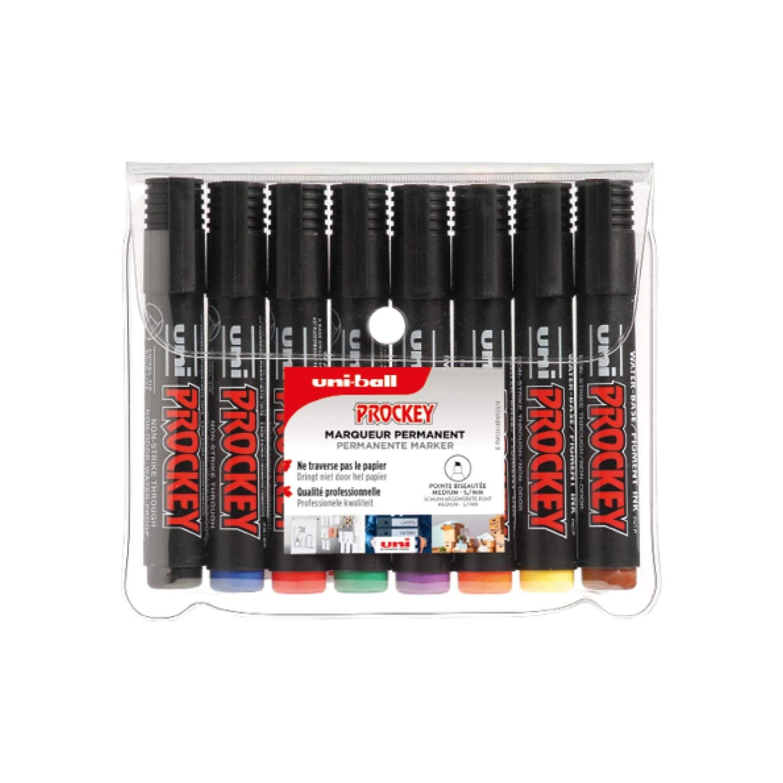 Uni Ball - Uni Mitsubishi Pencil - Permanent Marker - Odourless Uni Prockey PM126 - Water-Based, Alcohol-Free - Wide Chisel Tip 5.7 mm - Pack of 8 Assorted Colours