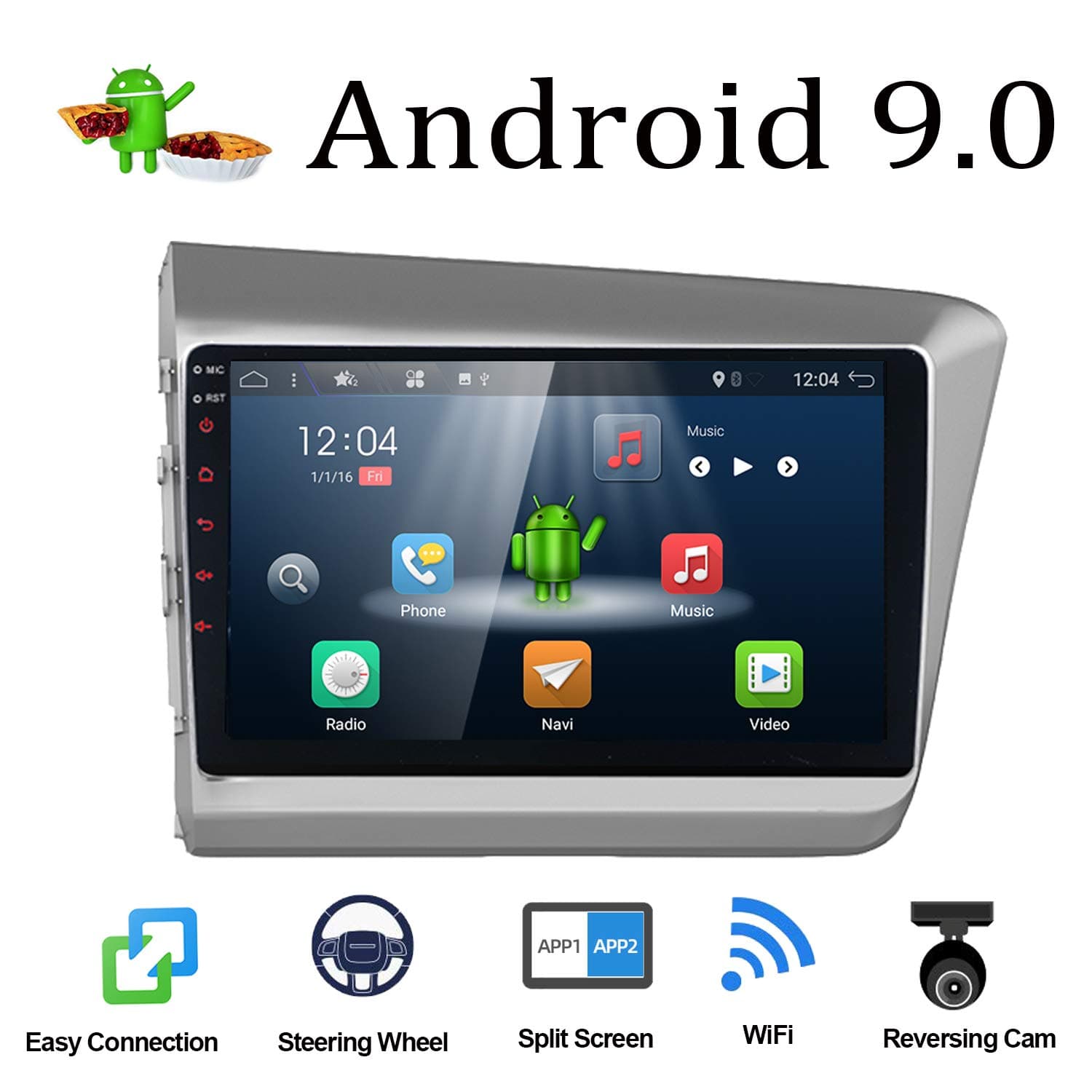 Android 9.0 Double Din Car Stereo for Honda Civic 2012 Radio GPS Navigation Head unit | 9 Inch Octa Core 1024x600HD 2G RAM | Support Bluetooth Steering Wheel WIFI USB | Free Backup Camera & Canbus |