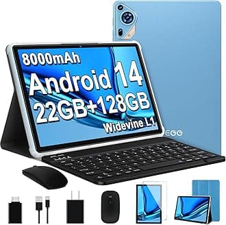 2025 Android 14 Tablet 10 inch Octa-Core Tablets with 22GB RAM+128GB ROM(Expand to 1TB),8000mAh Large Battery,1280x800 IPS HD Touch Screen,Support Widevine L1,Keyboard & Mouse Included-Blue