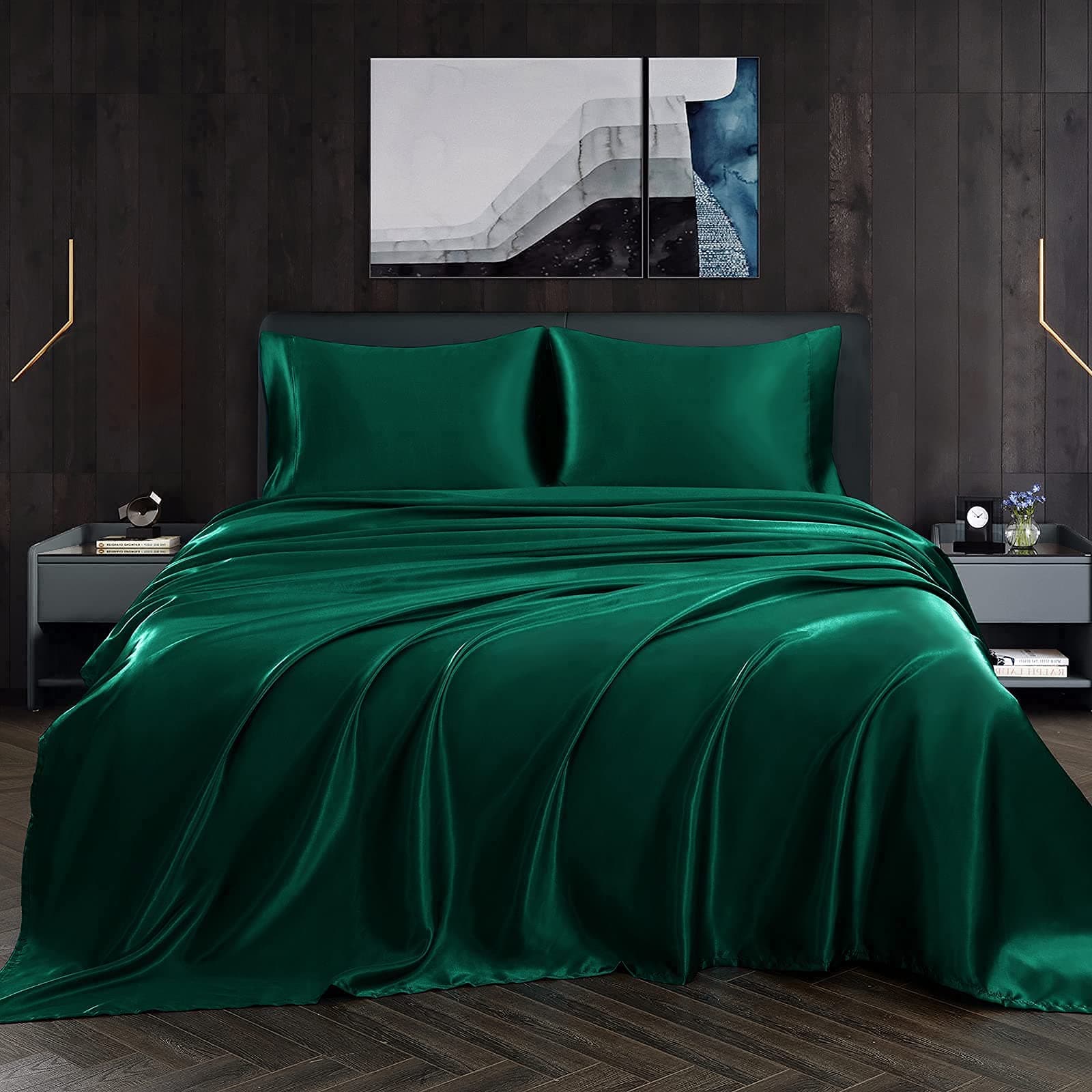 4pcs Satin Sheets Set Luxury Silky Satin Bedding Set with Deep Pocket, 1 Fitted Sheet + 1 Flat Sheet + 2 Pillowcases (Full Size, Blackish Green)