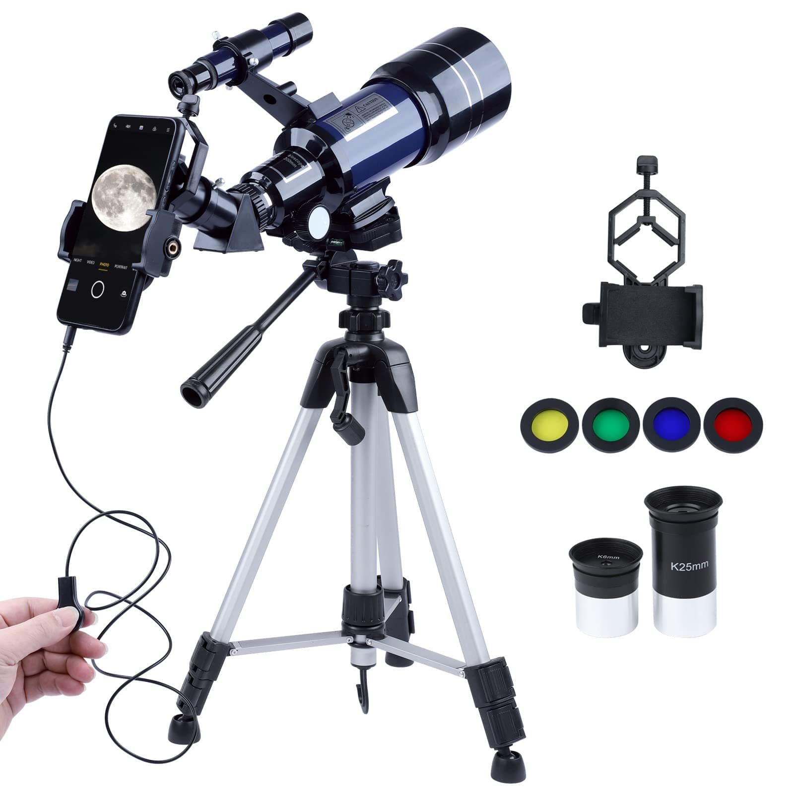 Astronomical Telescope for Kids and beginner, Educational Science Telescoep Refractor with Camera Wire Camera Shutter, Moon Filter and Backpack- Adjustable Tall Tripod (Blue)