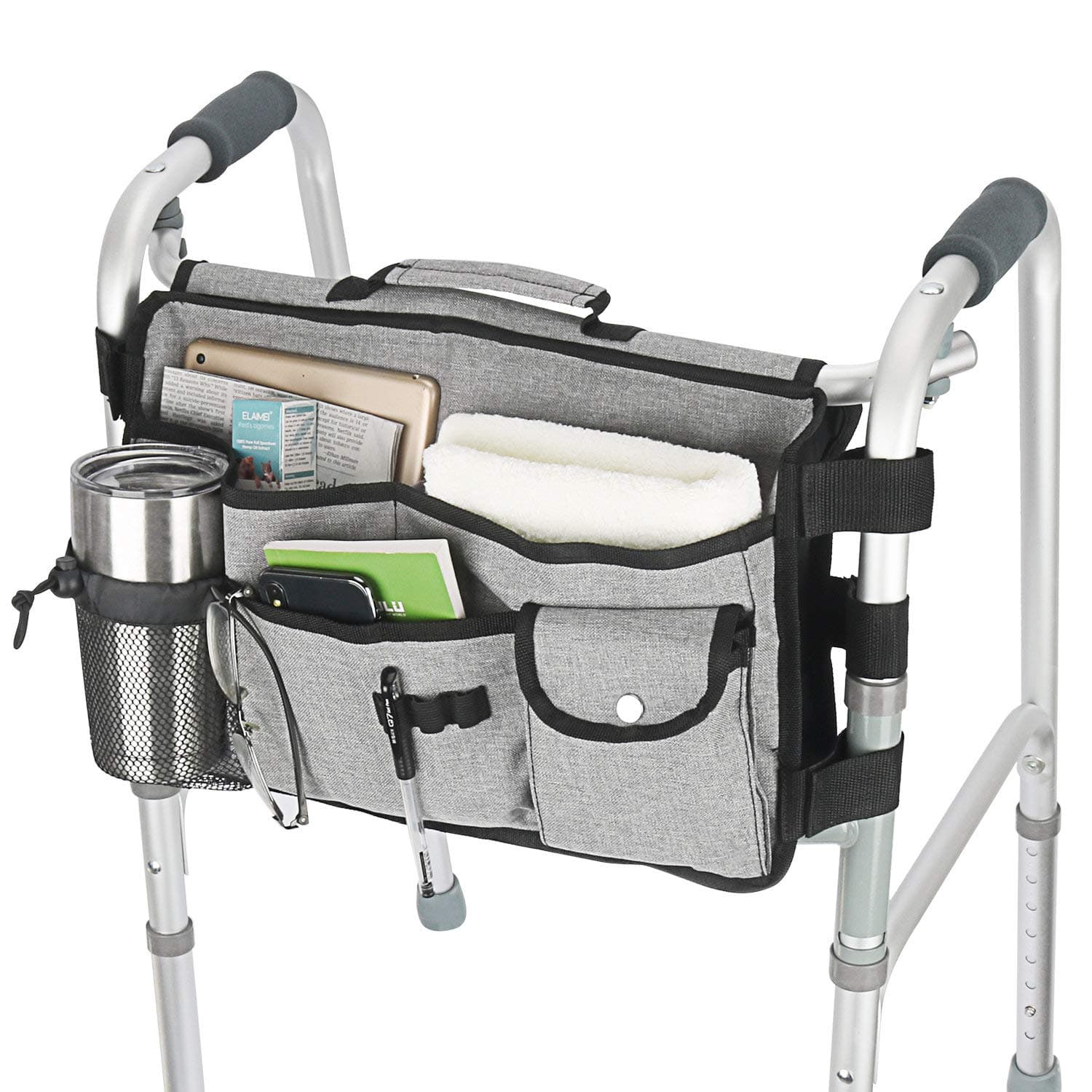 Double Sided Walker Bag Organizer Pouch Tote for Rollator and Folding Walker (Grey)