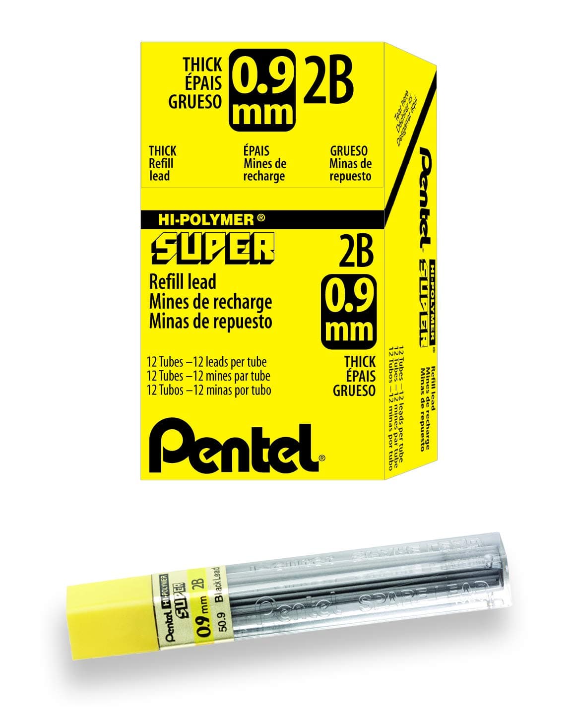 Pentel Super Hi-Polymer Lead Refill, (0.9mm) Thick, 2B, 180 Pieces of Lead, 12 Tubes of Lead (50-9-2B)