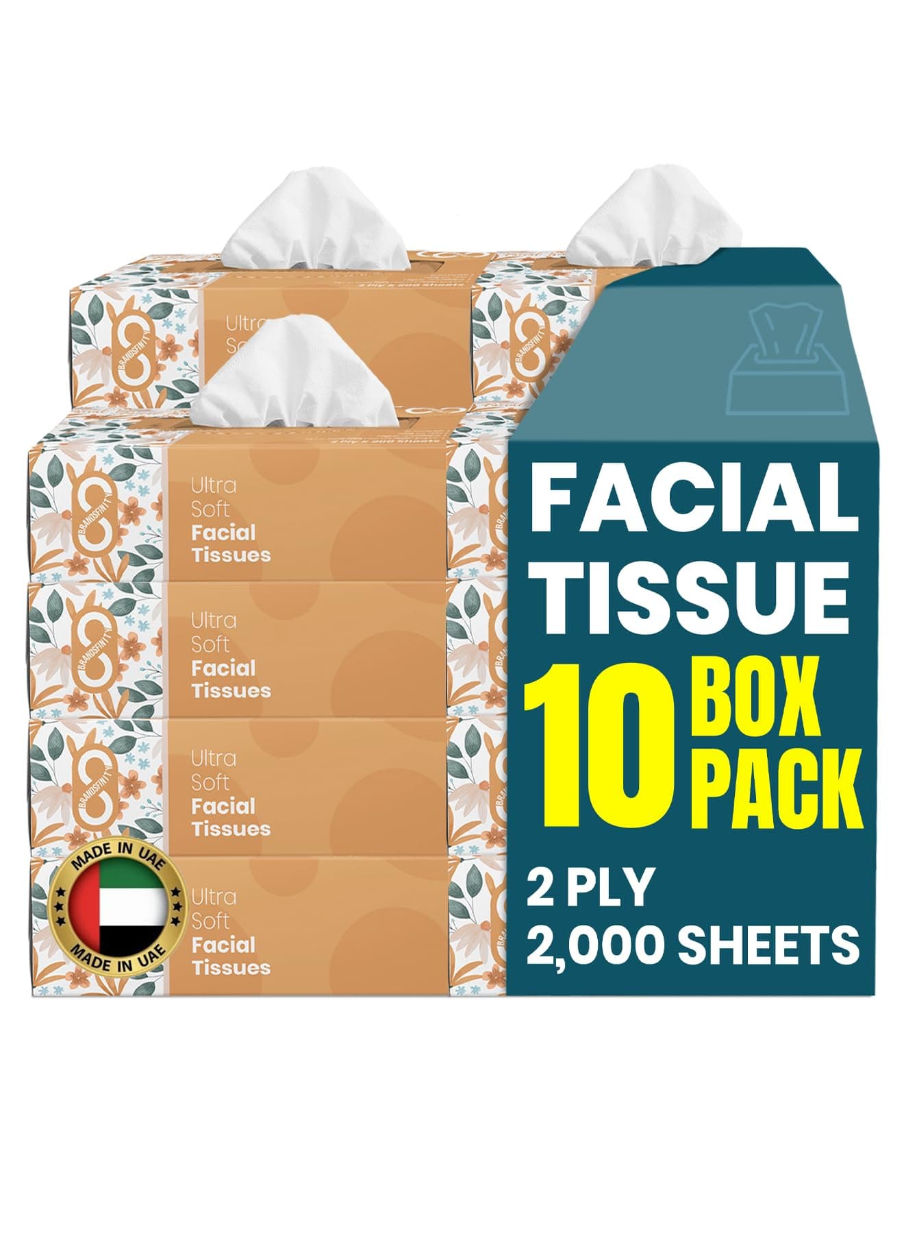 – Brandsfinity Daily Care Facial Tissue - Pack of 10 Boxes, Total 2000 Sheets, 2 Ply Large, Soft & Fluffy Facial Tissues (200 Sheets each box)
