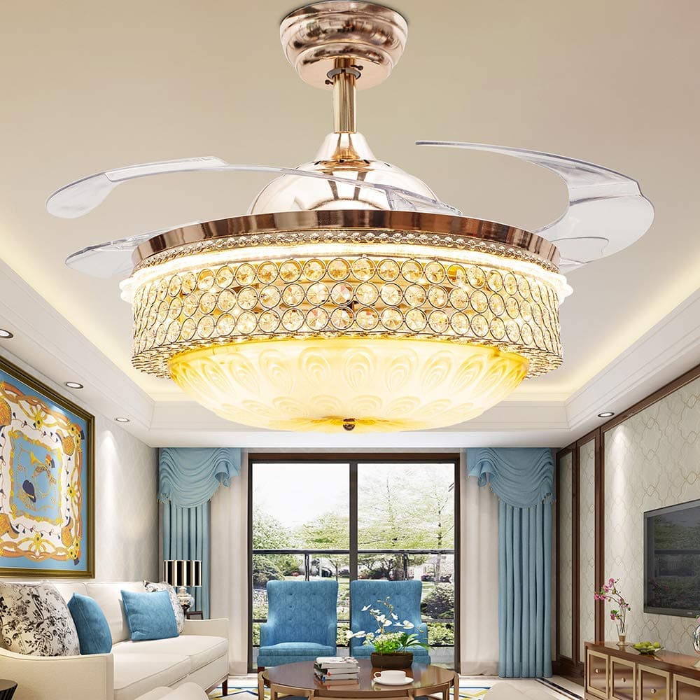 42 Inch Crystal Remote Control Gold Ceiling Fan Light, Retractable Blade Led Ceiling Fan Chandelier for Dining Room Bedroom Living Room Ceiling Fan Light Decoration (Gold-02)